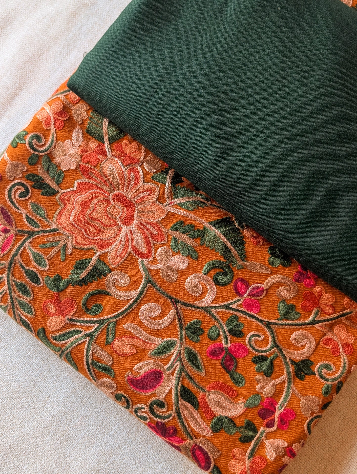 Pashmina 3 Piece Suit | Full Embroidered Gulabkar Shawl with Plain Suit Marina | Rust Shawl Green Suit