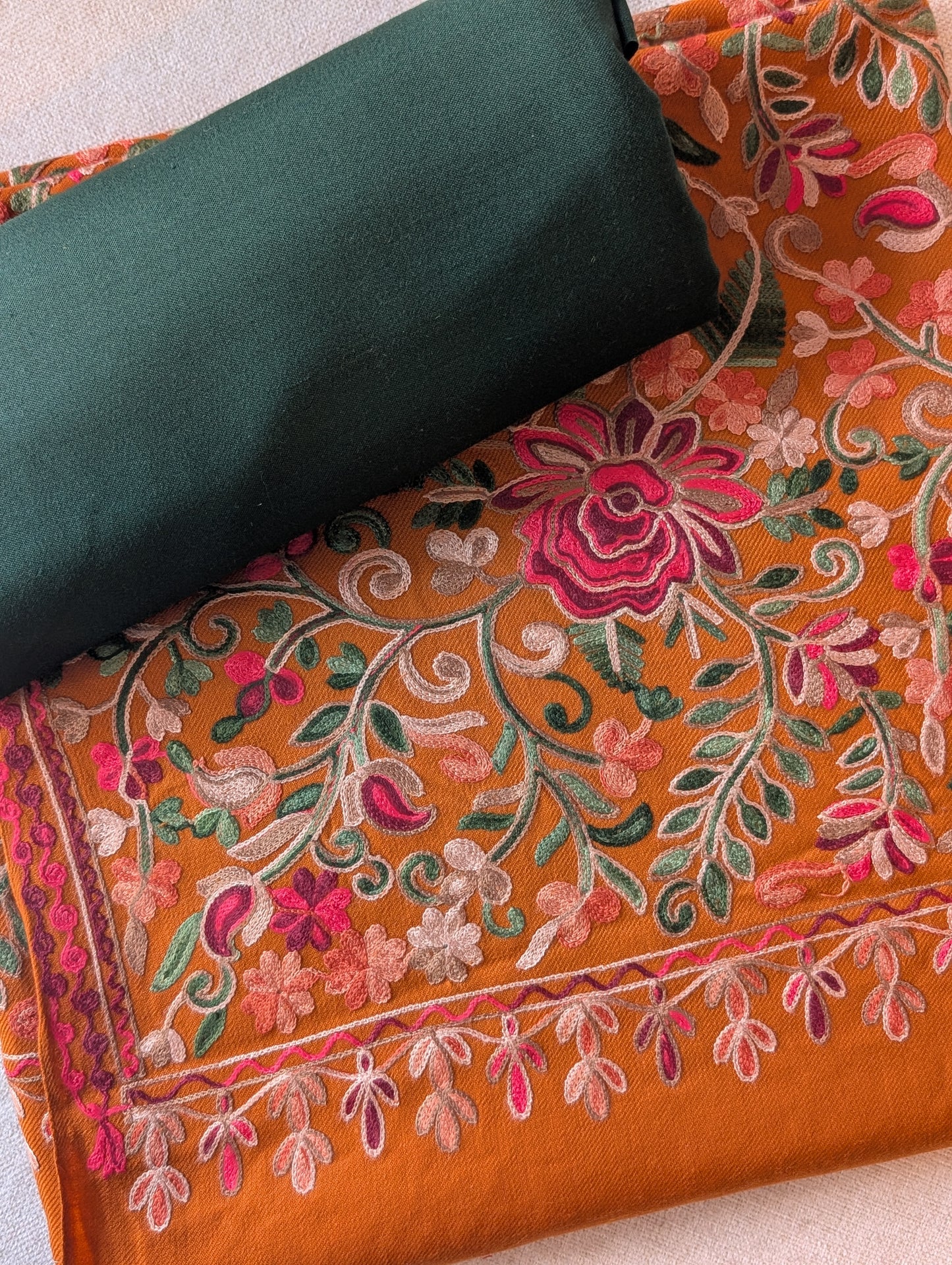Pashmina 3 Piece Suit | Full Embroidered Gulabkar Shawl with Plain Suit Marina | Rust Shawl Green Suit