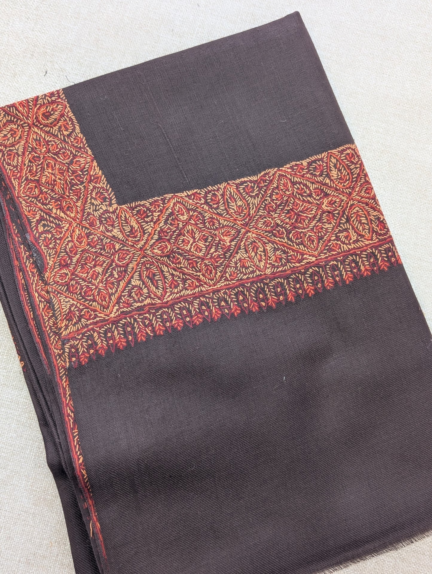 Kashmiri Shawl | Handmade Border Embroidery Made in Kashmir Pure Pashmina | Choc Brown