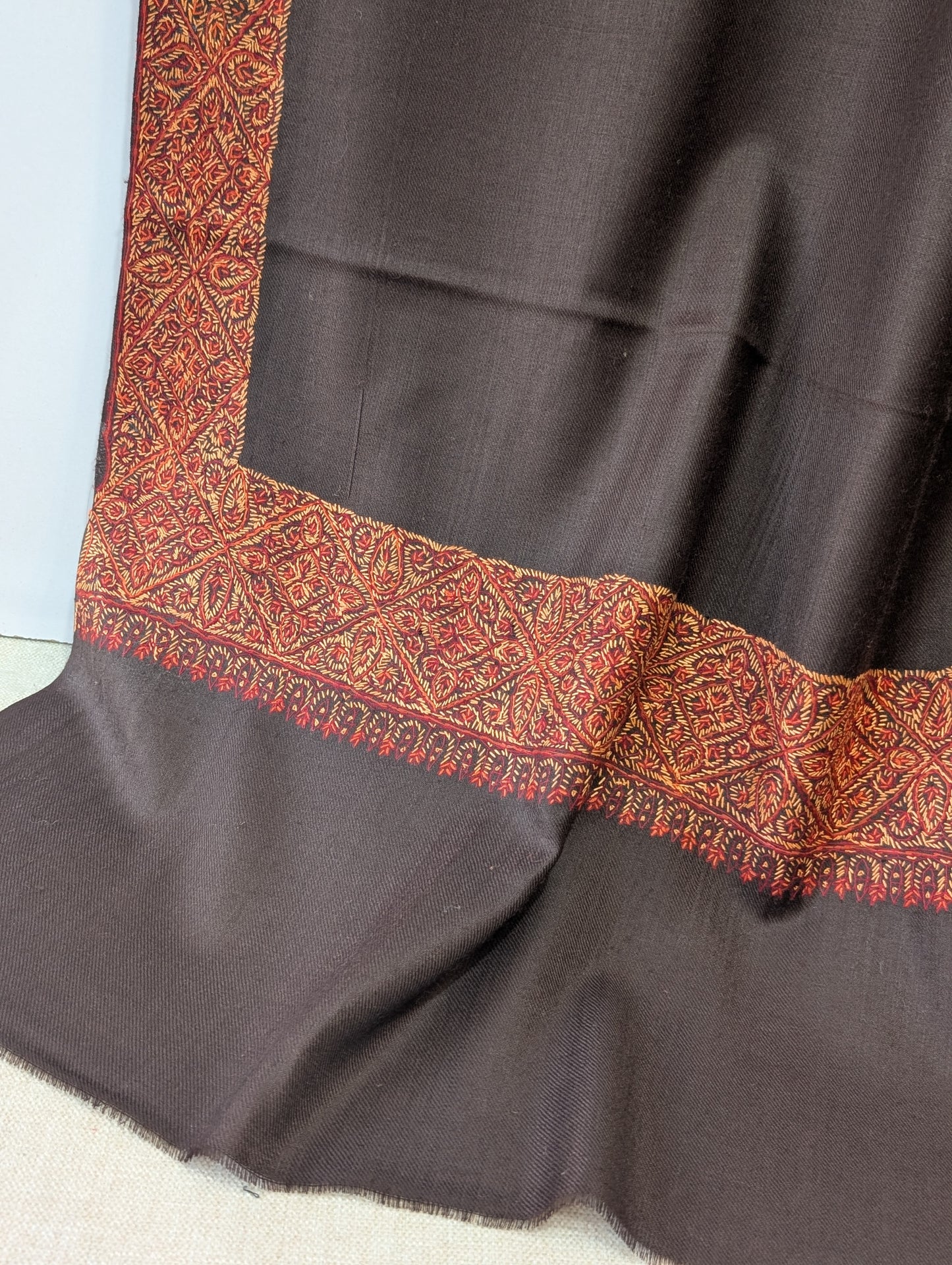 Kashmiri Shawl | Handmade Border Embroidery Made in Kashmir Pure Pashmina | Choc Brown