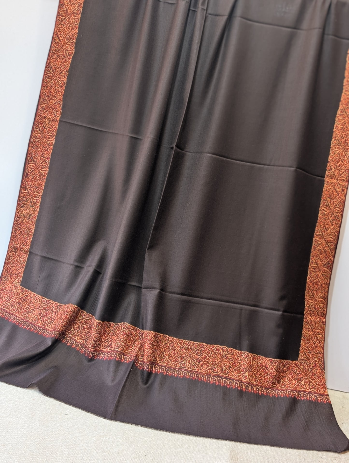 Kashmiri Shawl | Handmade Border Embroidery Made in Kashmir Pure Pashmina | Choc Brown