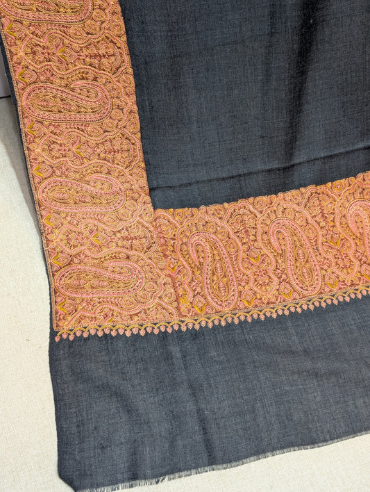 Kashmiri Shawl | Wide Border Papermache Embroidery Made in Kashmir Pure Pashmina| Dark Grey