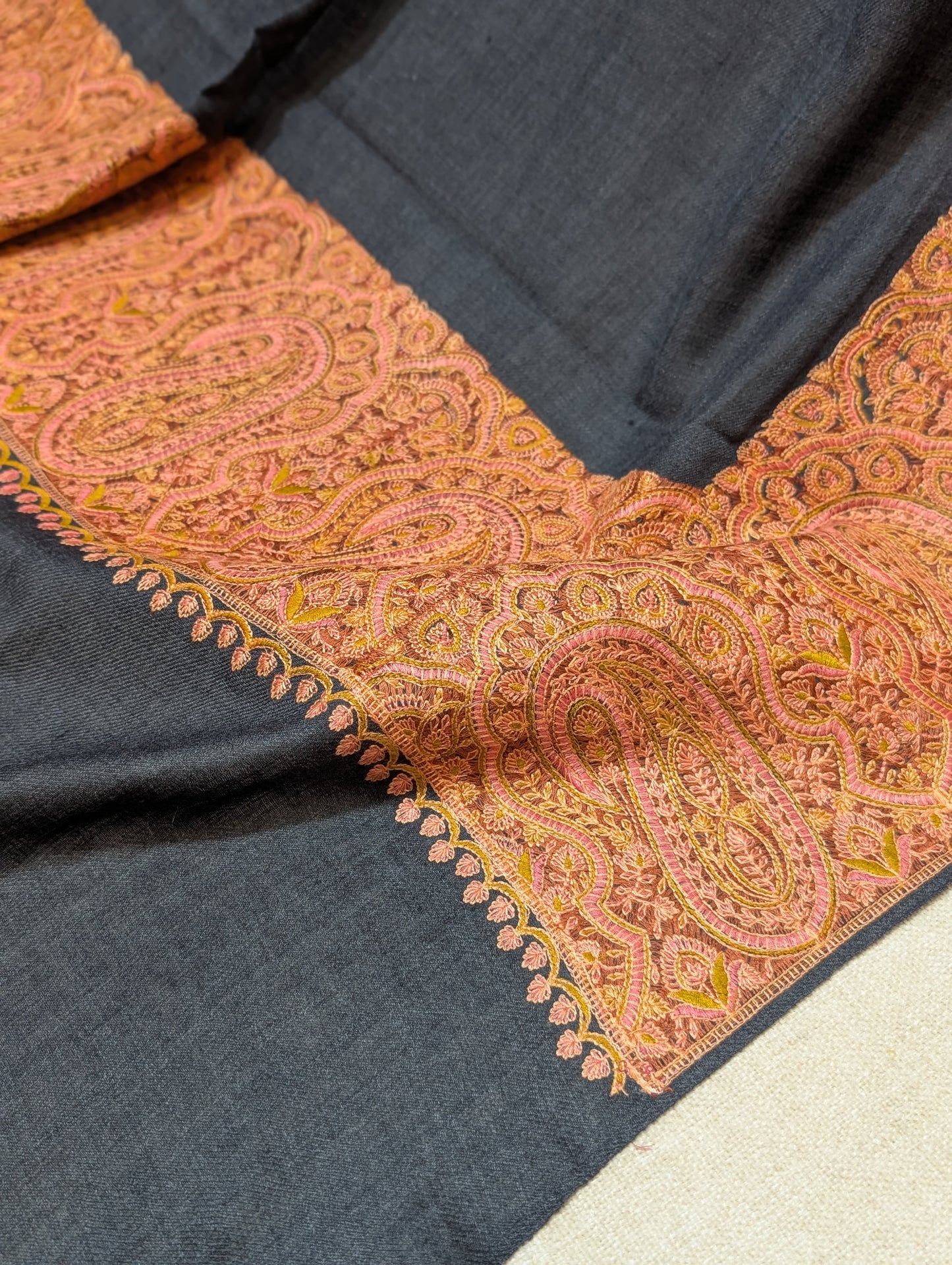 Kashmiri Shawl | Wide Border Papermache Embroidery Made in Kashmir Pure Pashmina| Dark Grey