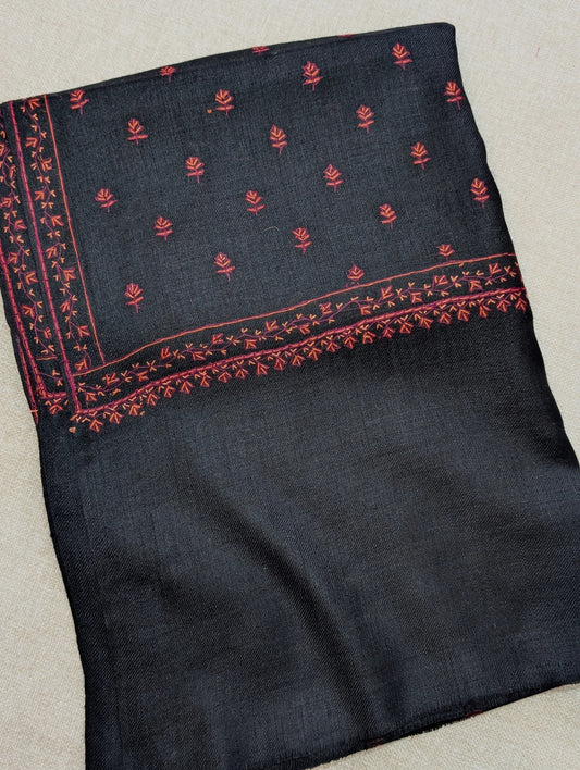 Kashmiri Shawl | Handmade Border Bouti Jaal Embroidery Made in Kashmir | Black