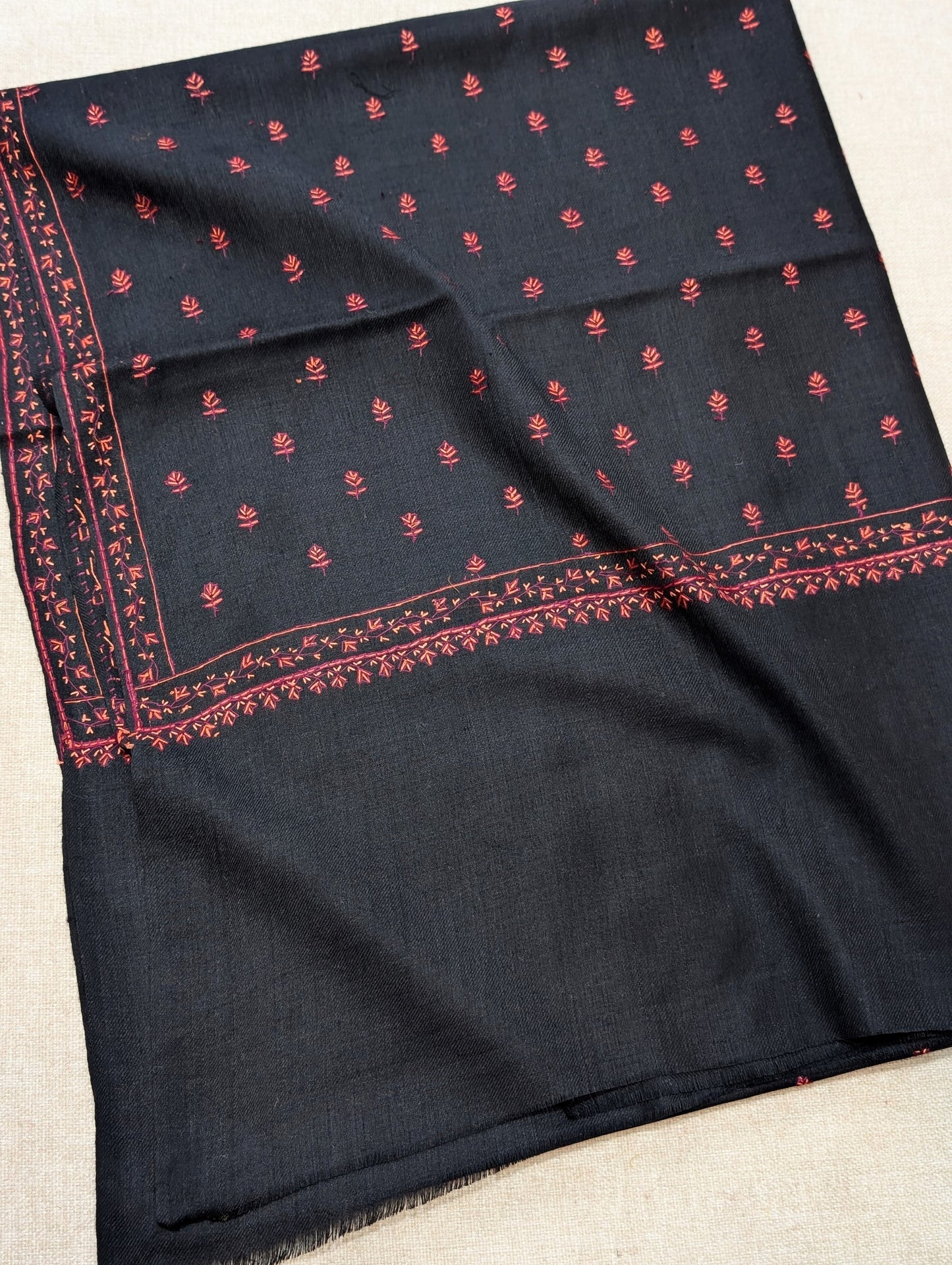 Kashmiri Shawl | Handmade Border Bouti Jaal Embroidery Made in Kashmir | Black