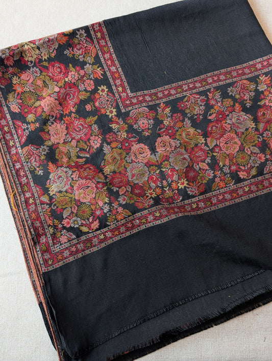 Pashmina Wool Kani Border Shawl in Full Size Multi Color Black
