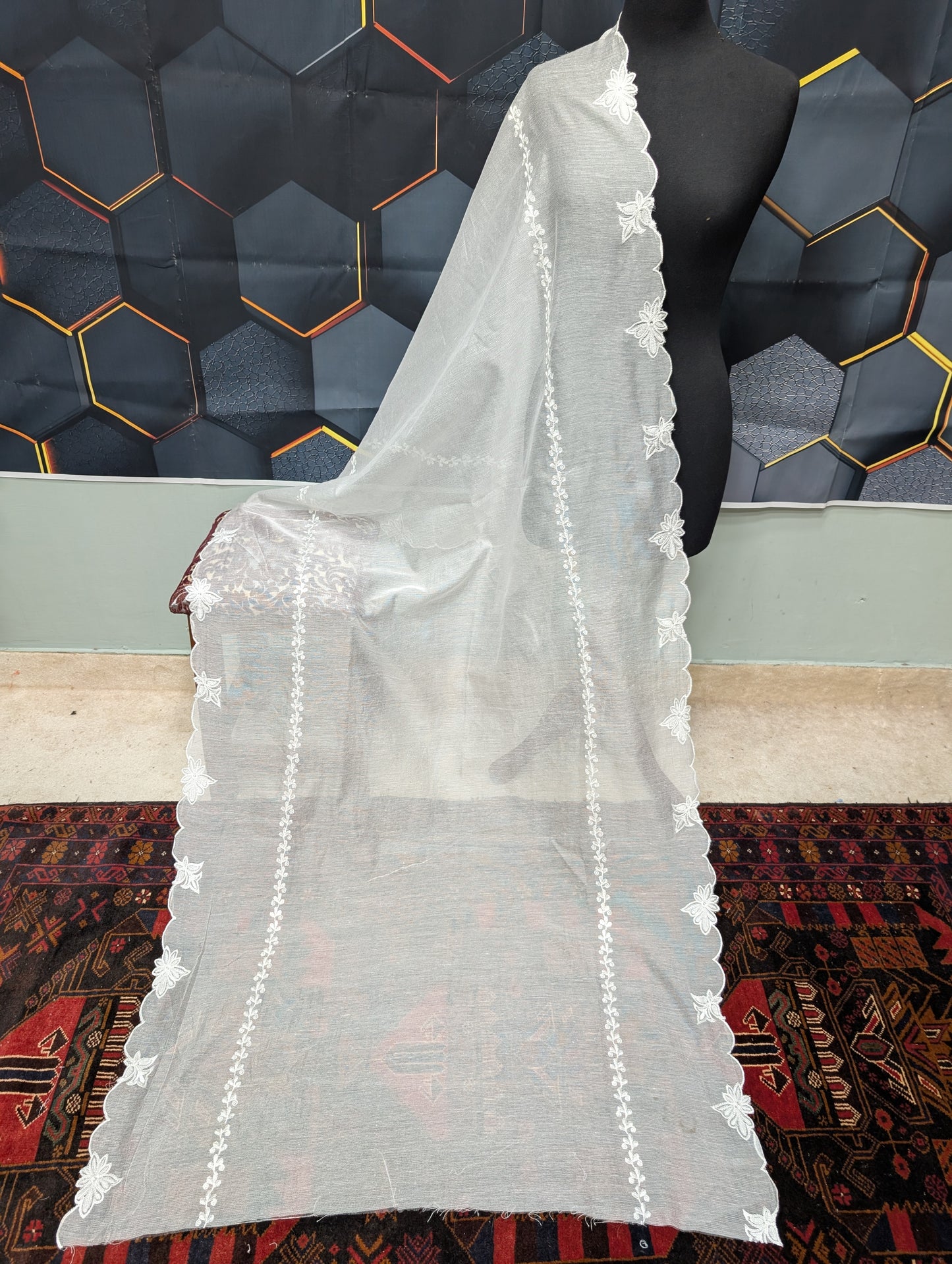 Cotton Net Embroidered Dupatta Border and Bouti Work