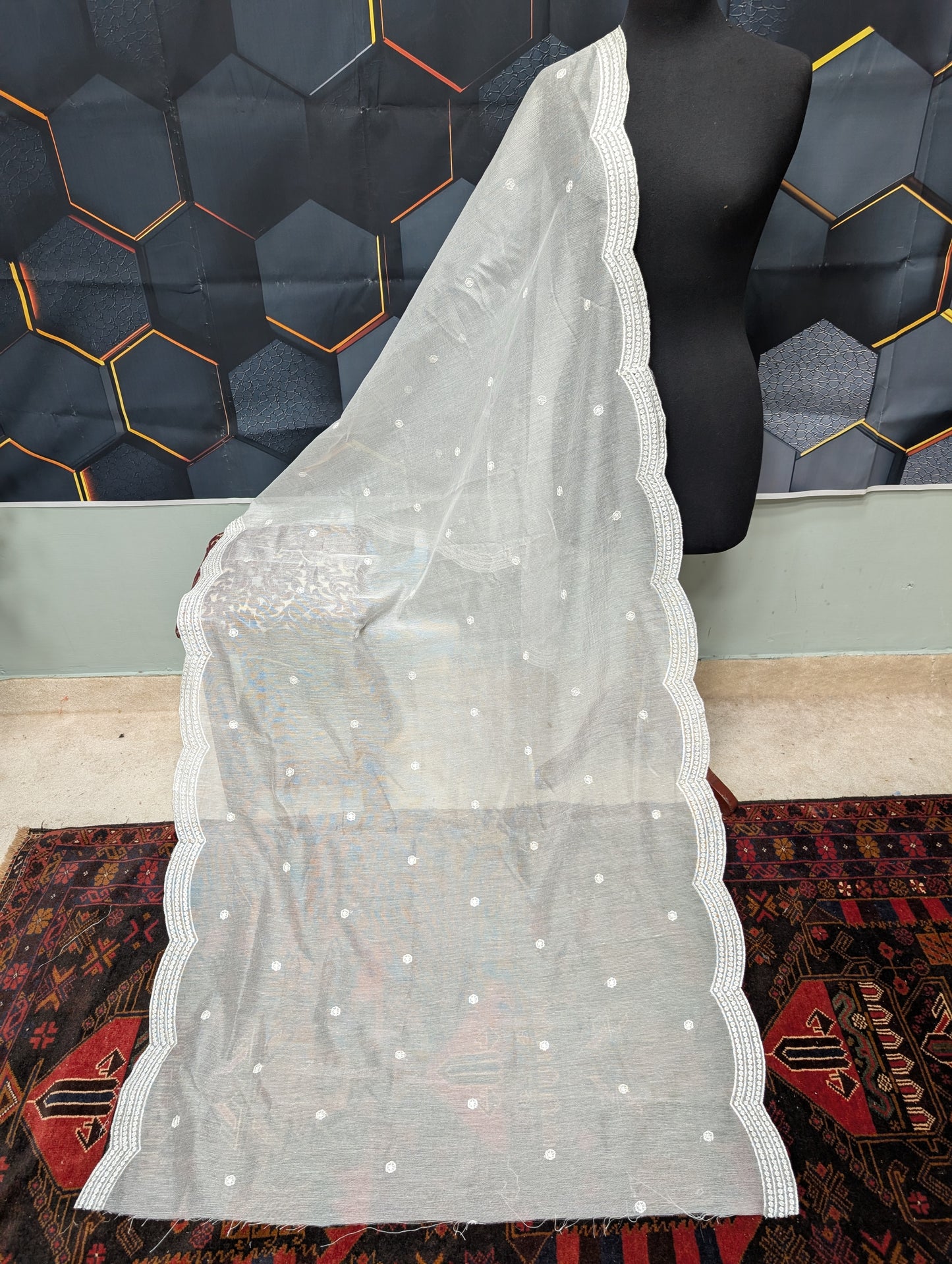 Cotton Net Embroidered Dupatta Border and Bouti Work