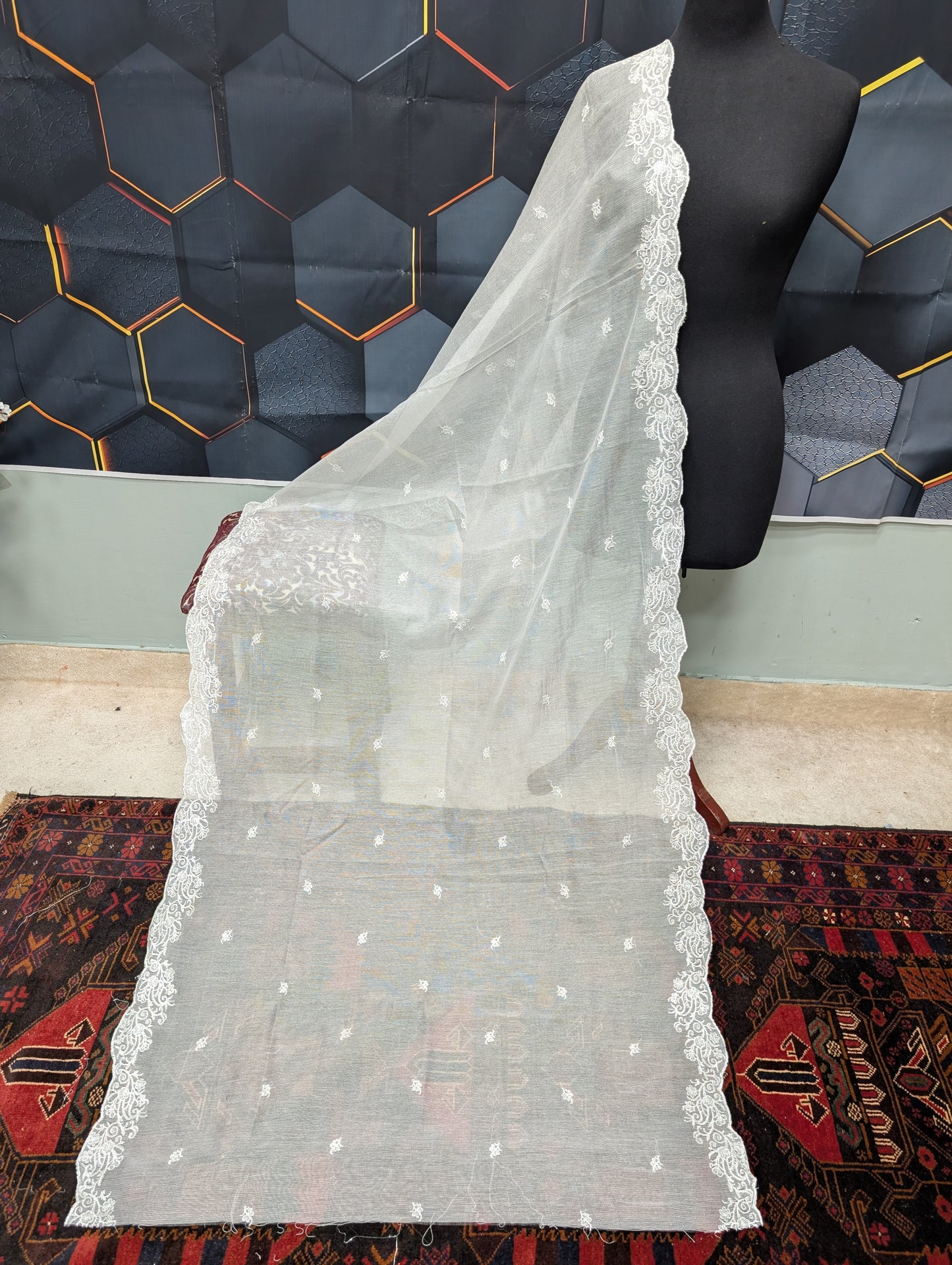 Cotton Net Embroidered Dupatta Border and Bouti Work