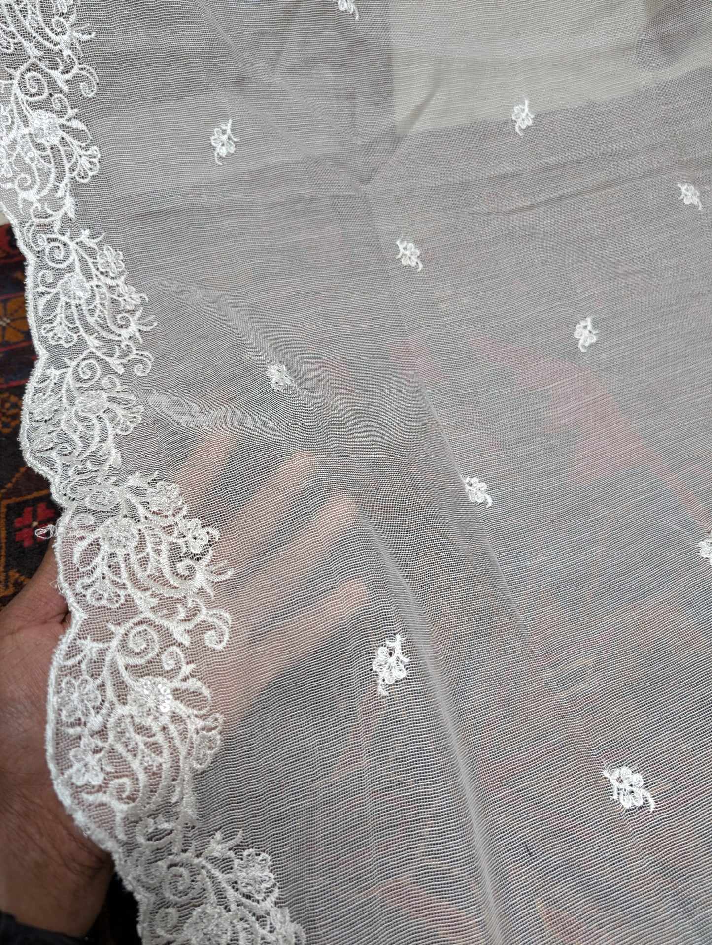 Cotton Net Embroidered Dupatta Border and Bouti Work