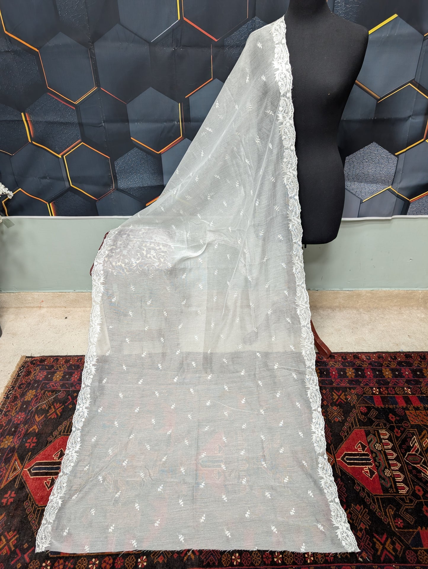 Cotton Net Embroidered Dupatta Border and Bouti Work
