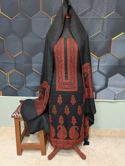 Special Kani Pashmina 3 Piece Unstitched Suit | Black With Maroon