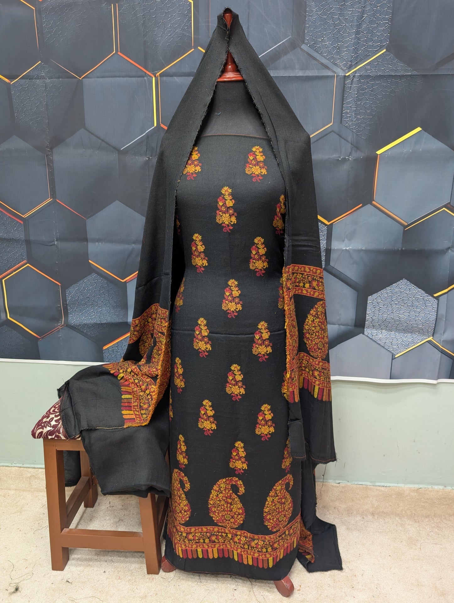 Special Kani Pashmina 3 Piece Unstitched Suit | Black Allover Suit