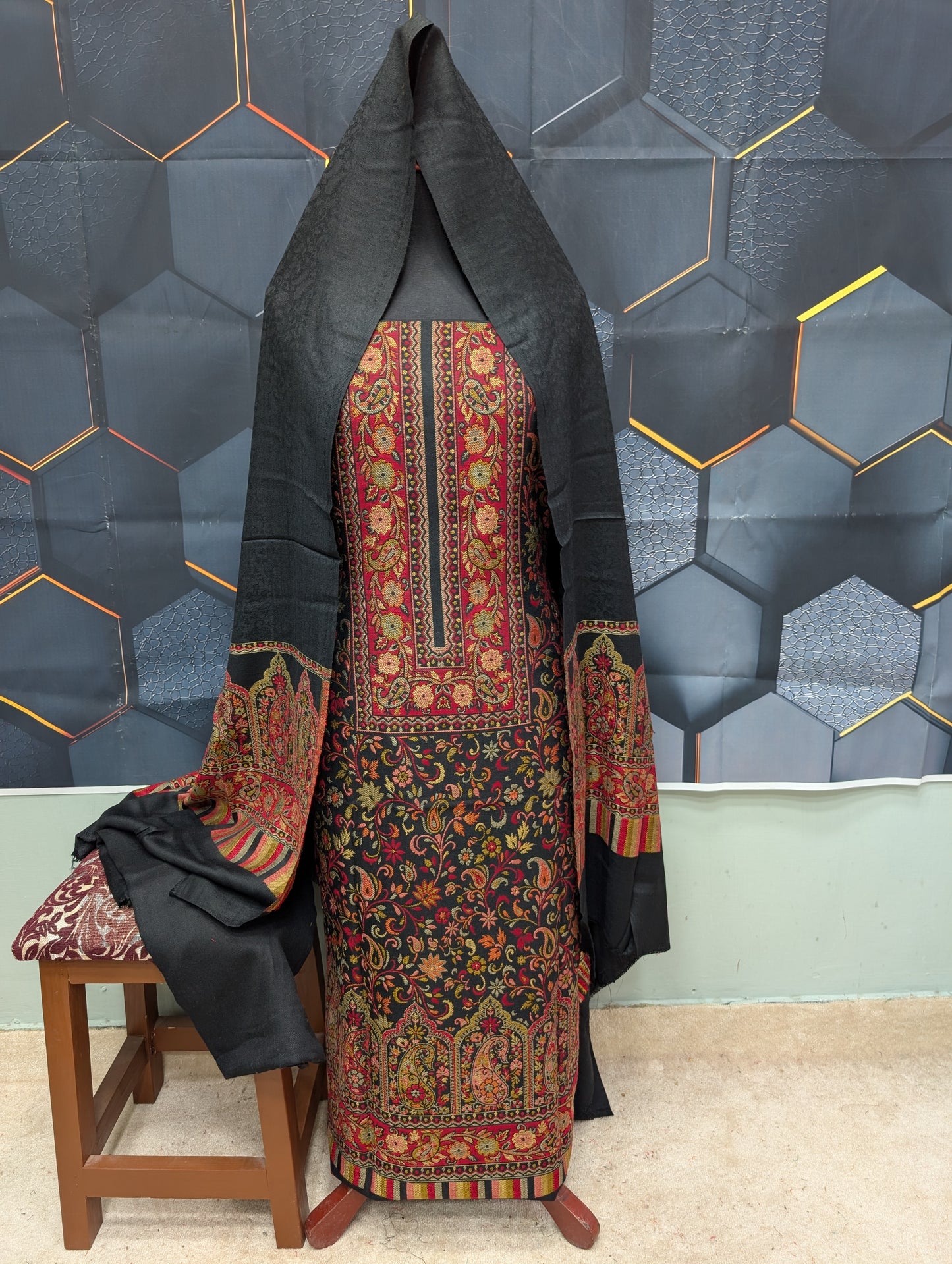 New Kani Pashmina Allover Design 3 Piece Unstitched Suit | Black