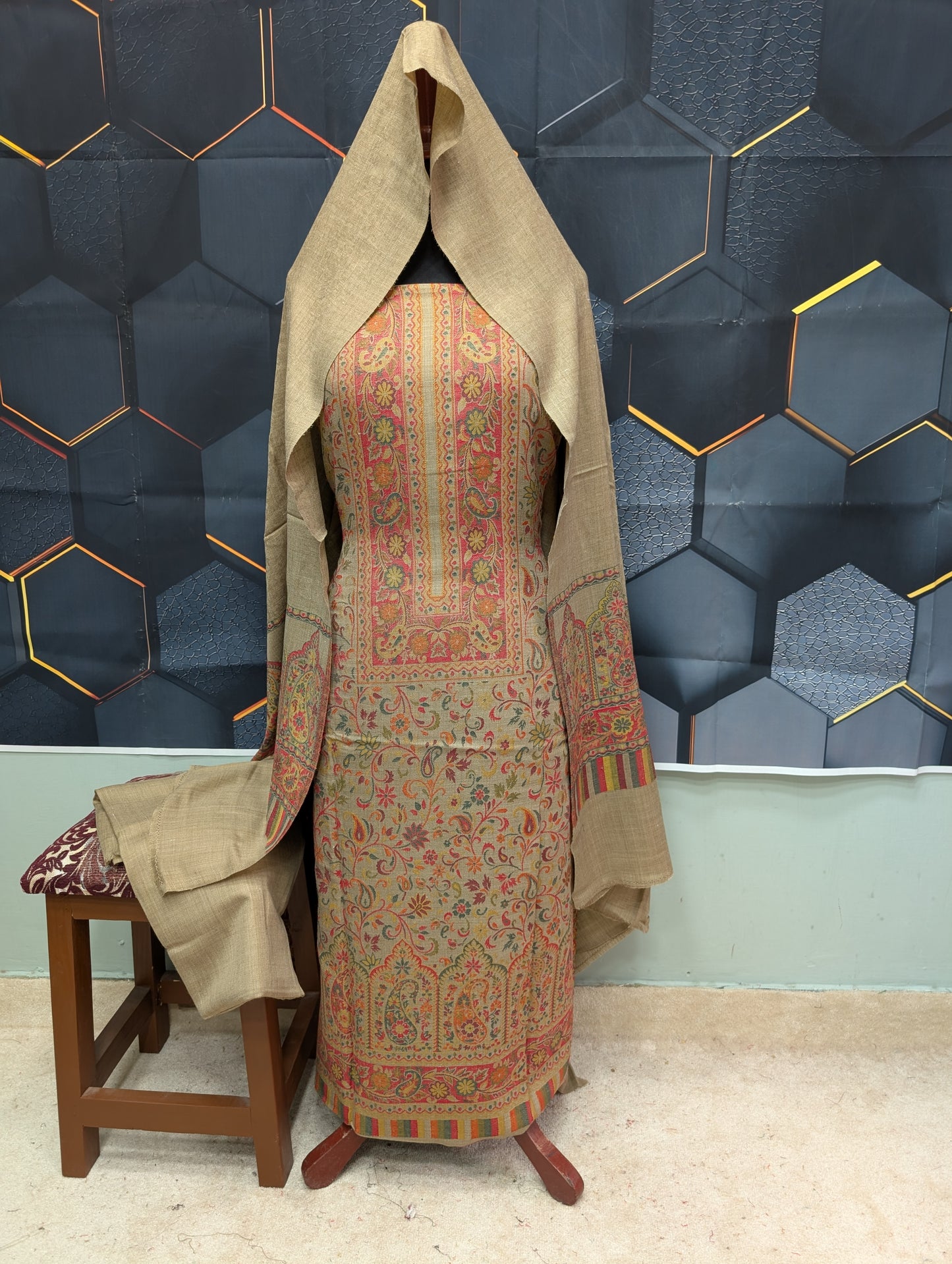 New Kani Pashmina Allover Design 3 Piece Unstitched Suit | Dark Skin