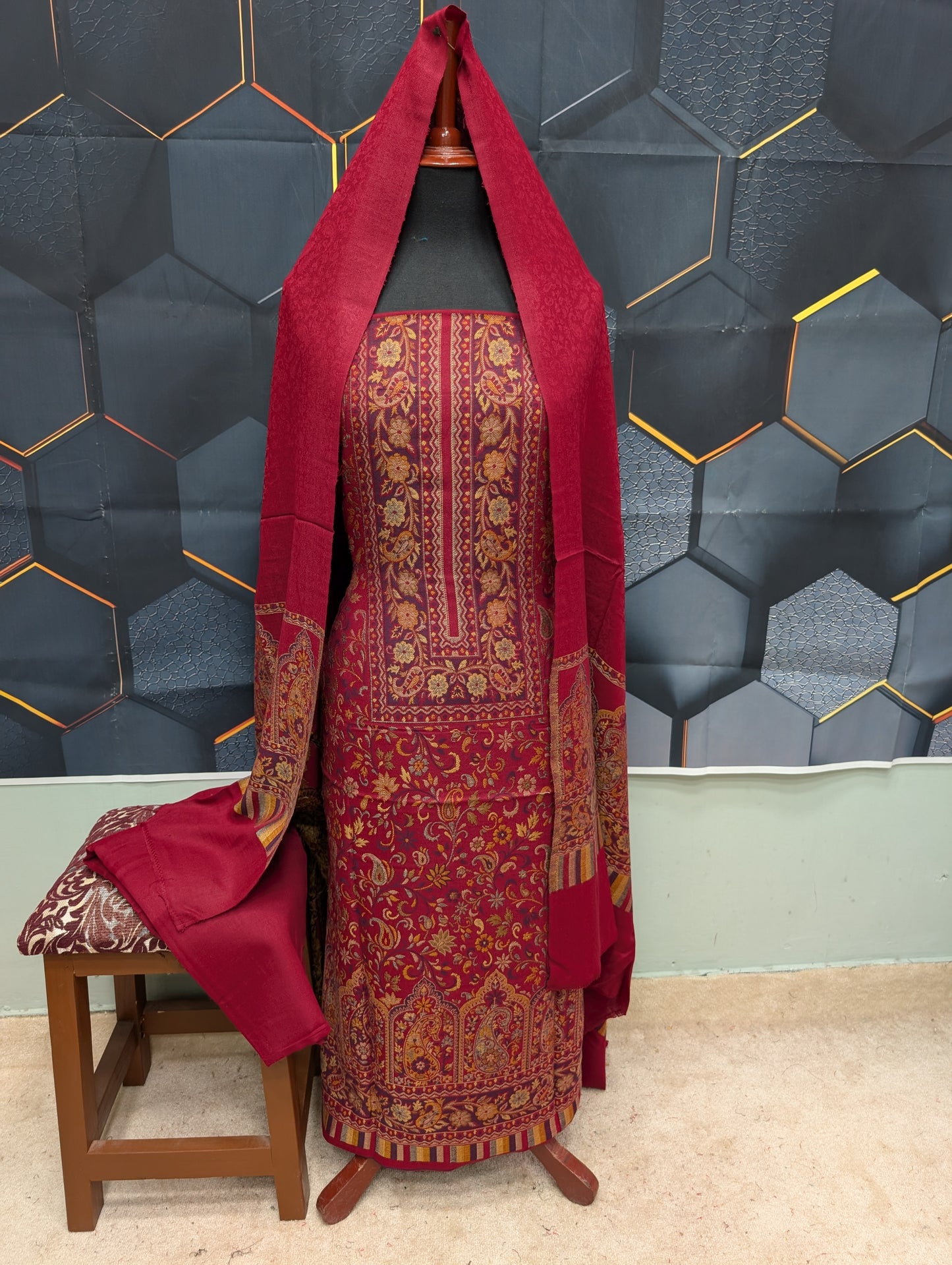 New Kani Pashmina Allover Design 3 Piece Unstitched Suit | Maroon