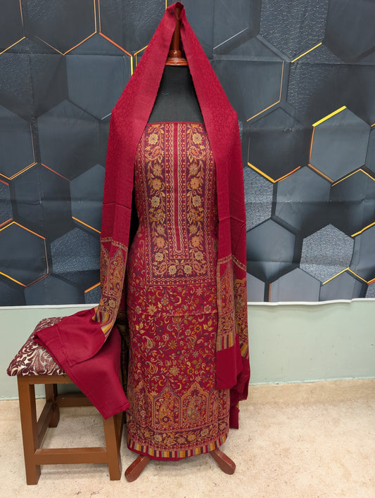 New Kani Pashmina Allover Design 3 Piece Unstitched Suit | Maroon