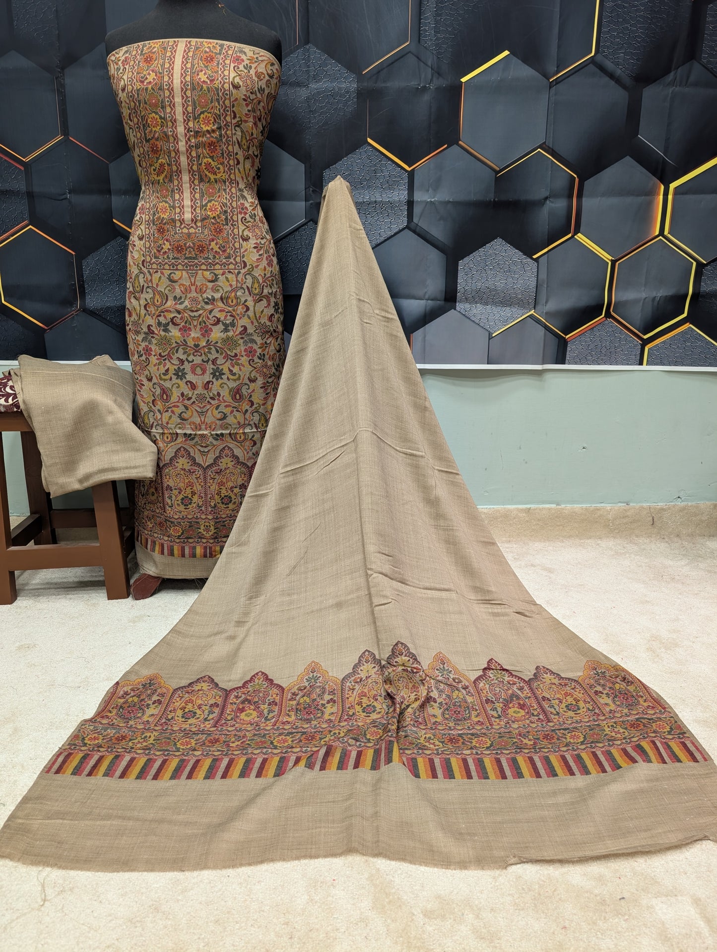 Special Kani Pashmina 3 Piece Unstitched Suit | Dark Skin