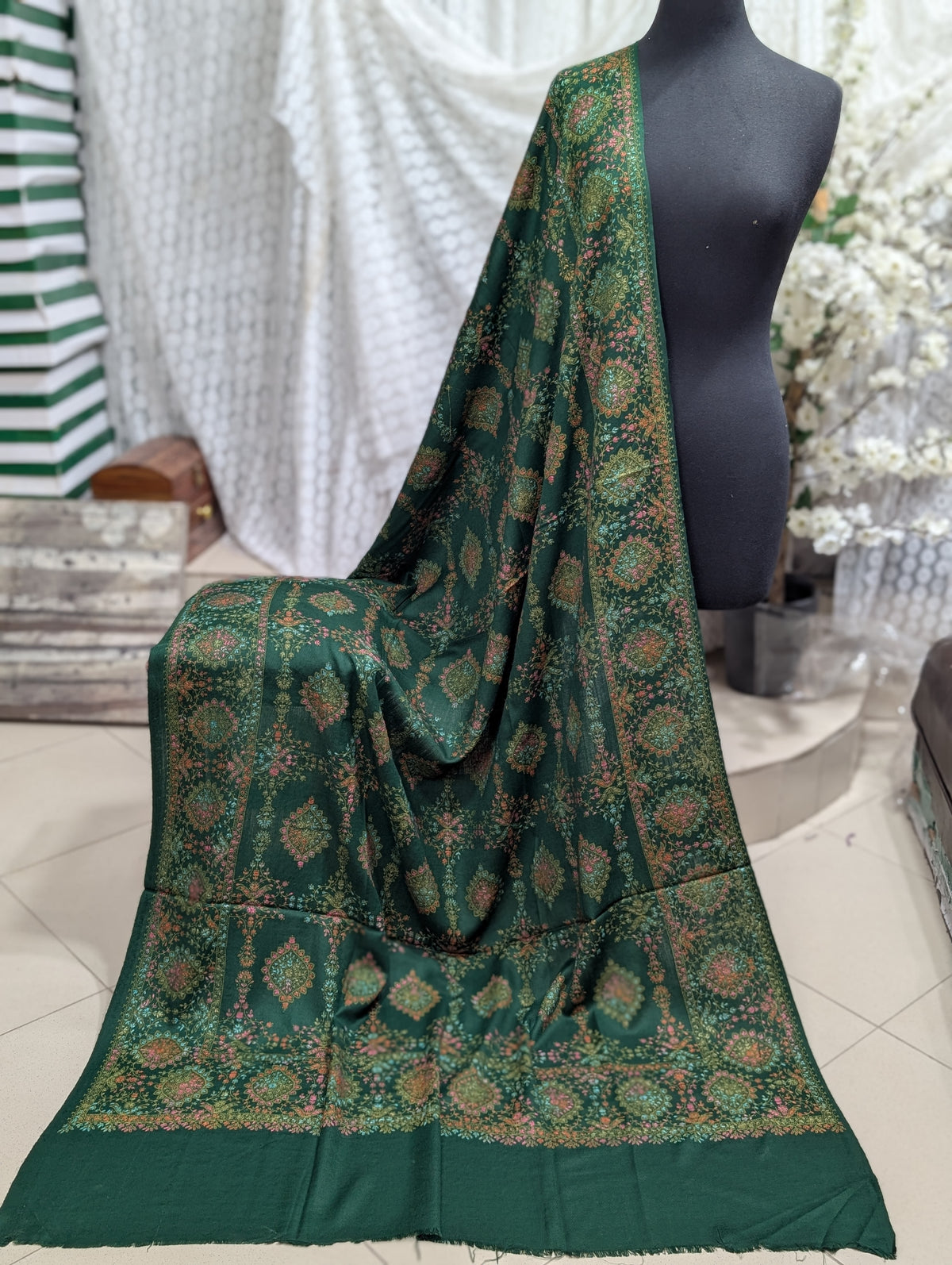 Pashmina Shawl | Hand Embroidery on Print Beautiful Shawl | Bottle Green