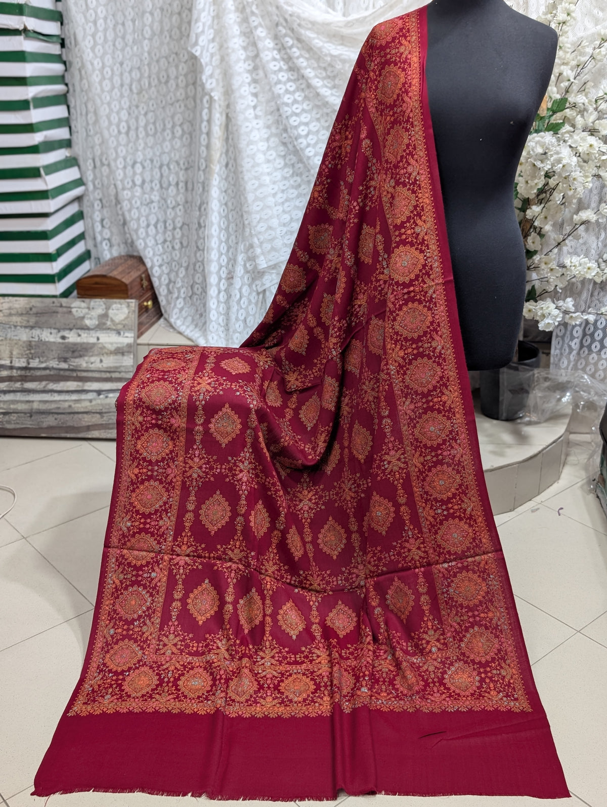 Pashmina Shawl | Hand Embroidery on Print Beautiful Shawl | Maroon