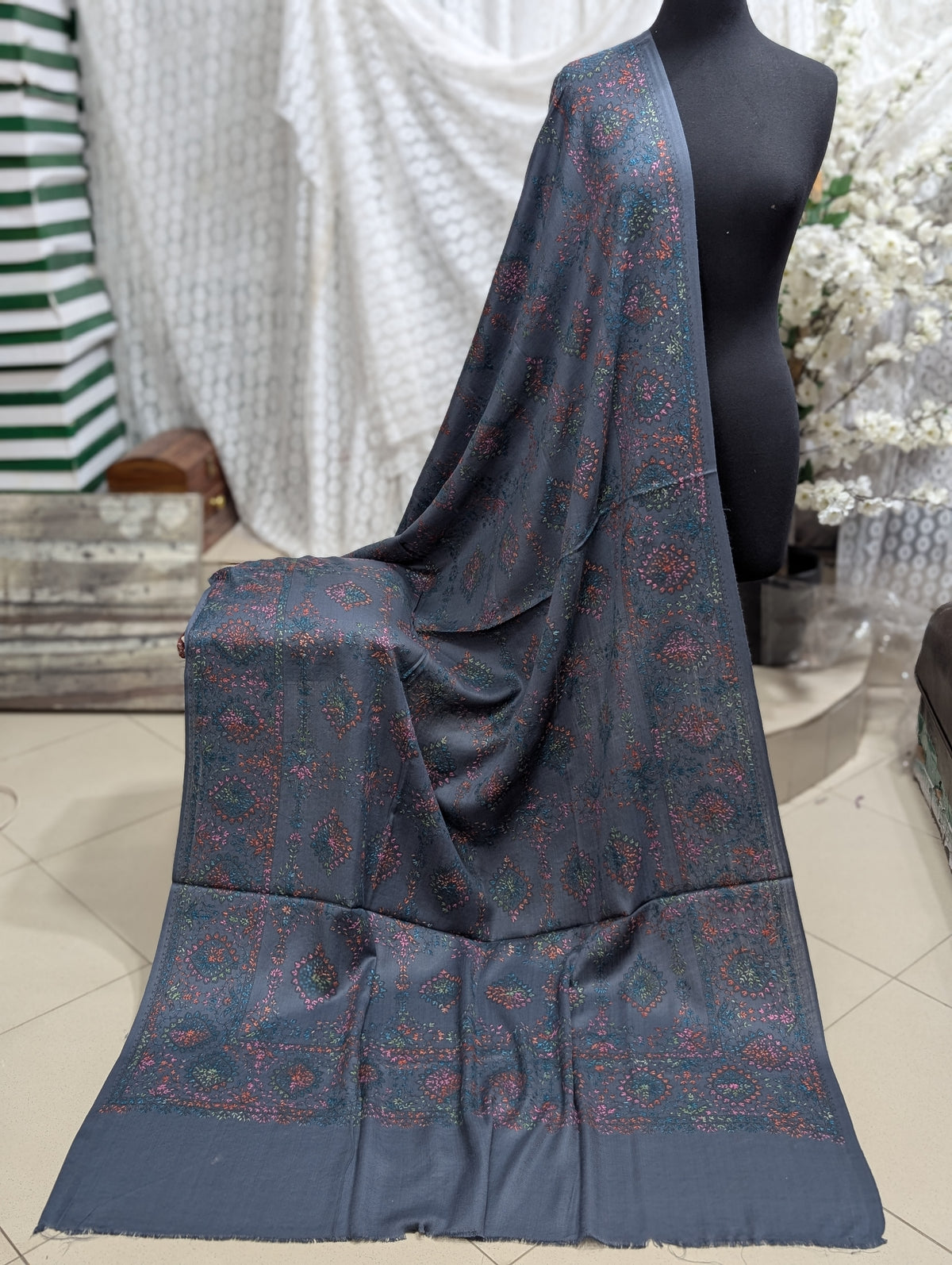 Pashmina Shawl | Hand Embroidery on Print Beautiful Shawl | Grey