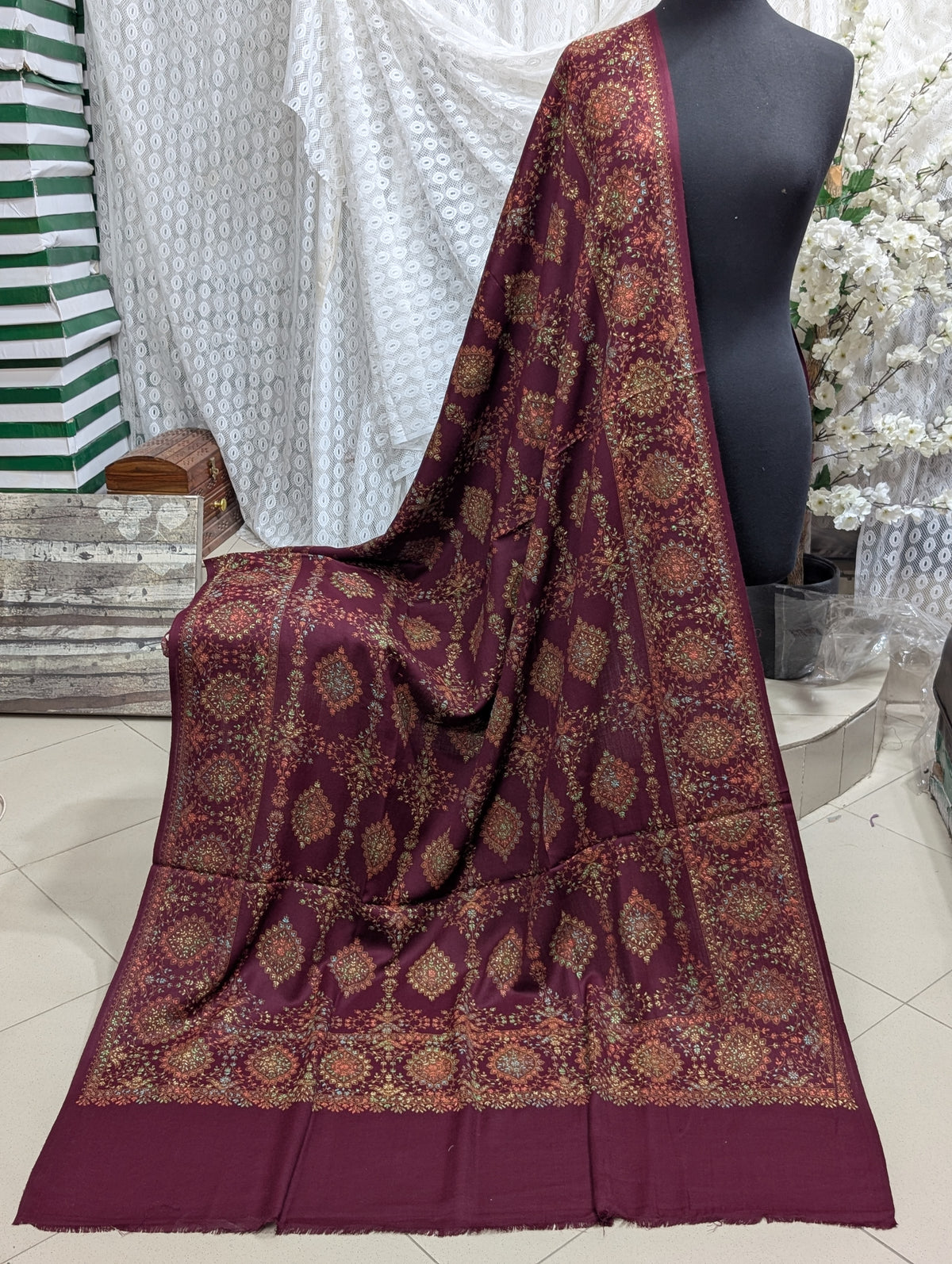 Pashmina Shawl | Hand Embroidery on Print Beautiful Shawl | Burgundy