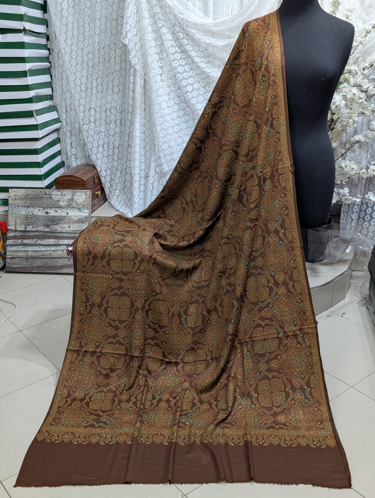 Pashmina Shawl | Hand Embroidery on Print Beautiful Shawl | Choc Brown