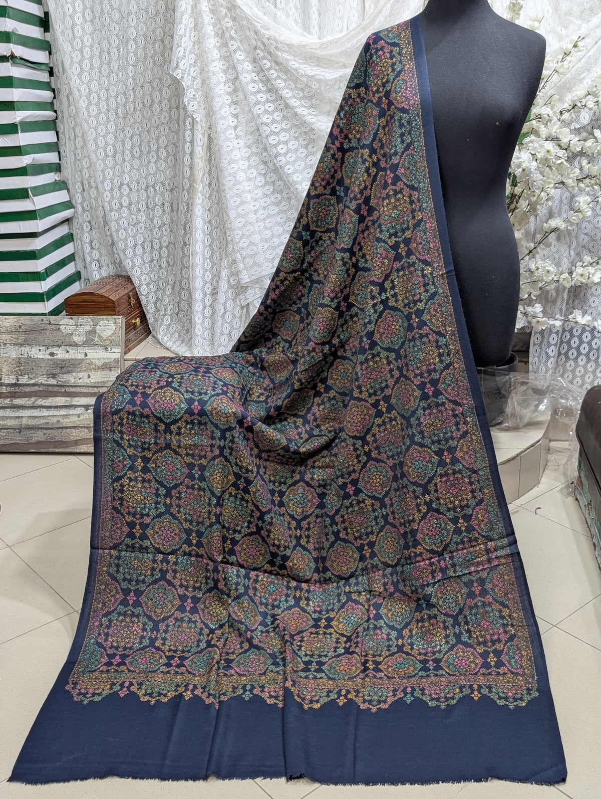 Pashmina Shawl | Hand Embroidery on Print Beautiful Shawl | Navy Blue