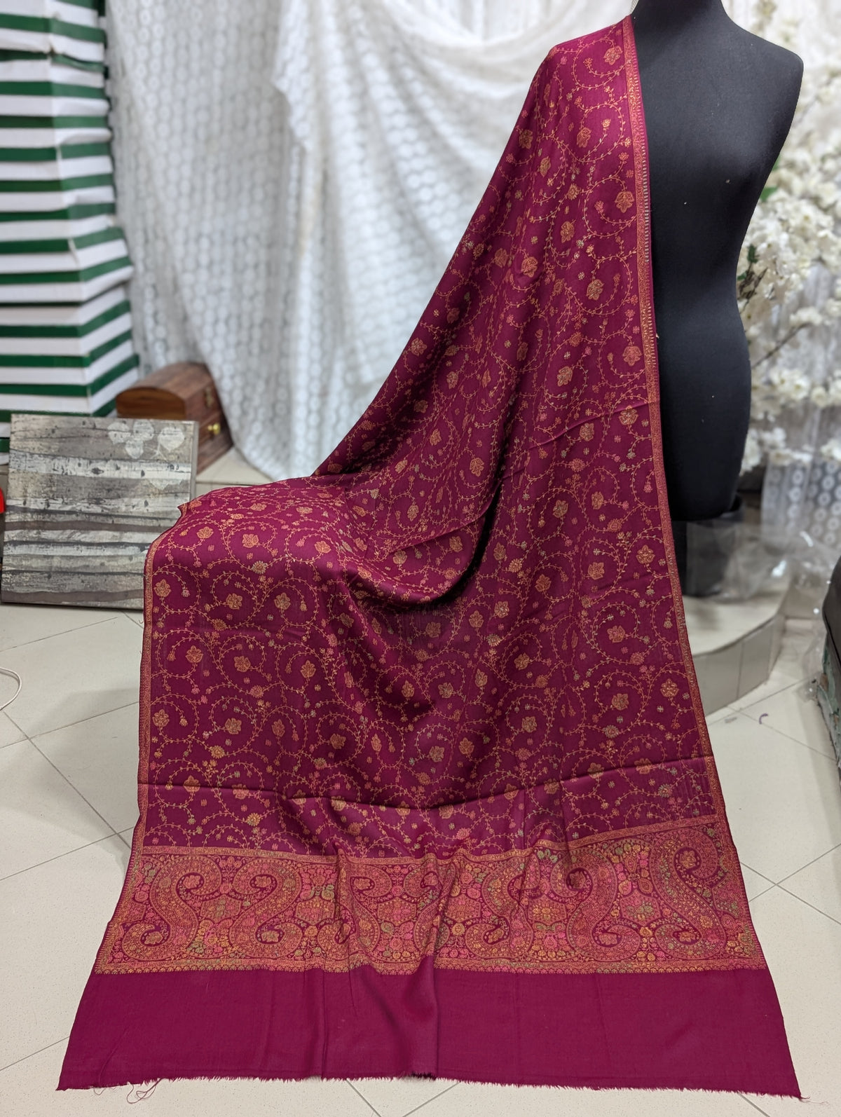 Pashmina Shawl | Hand Embroidery on Print Beautiful Shawl | Magenta