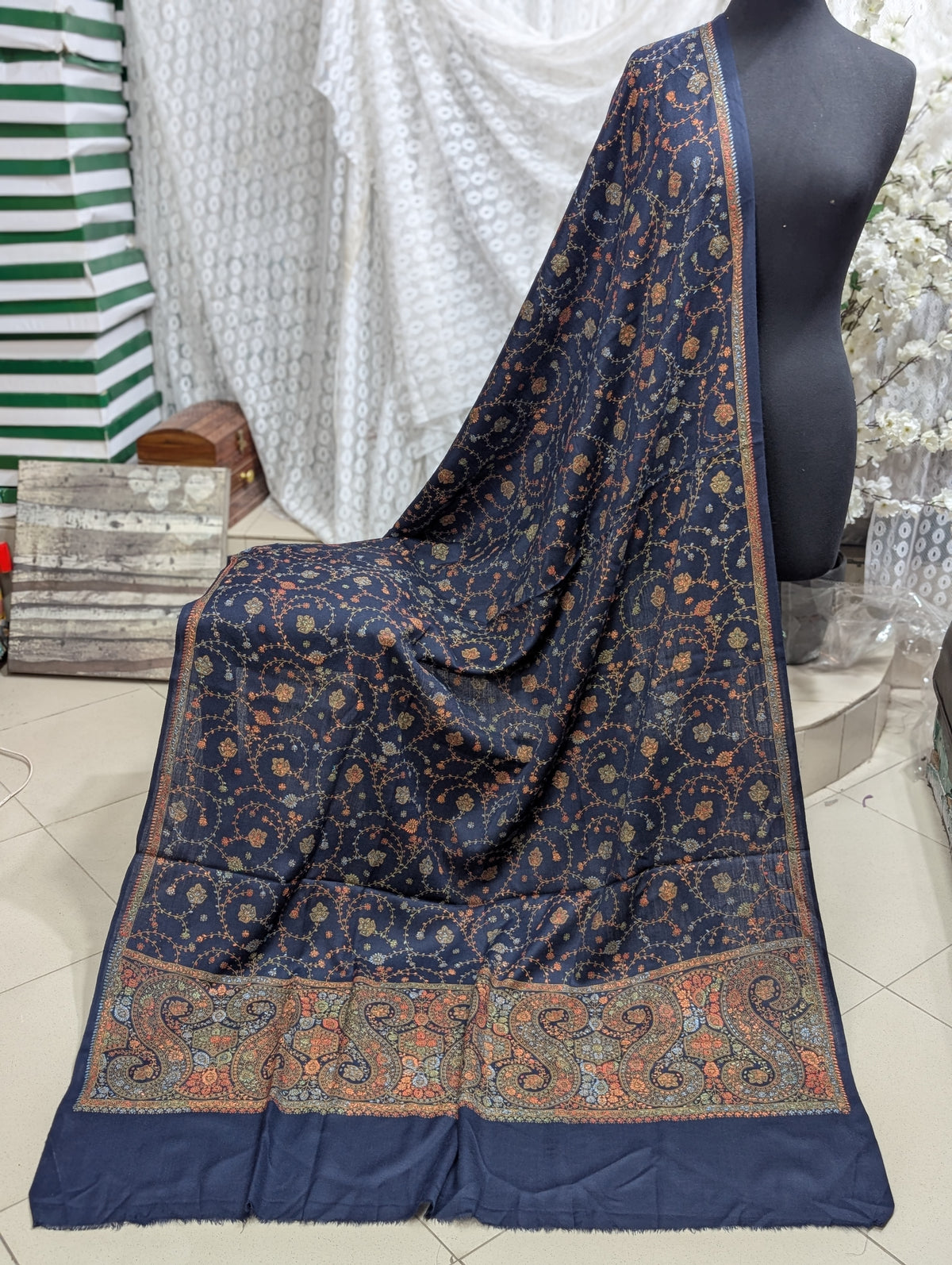 Pashmina Shawl | Hand Embroidery on Print Beautiful Shawl | Navy Blue