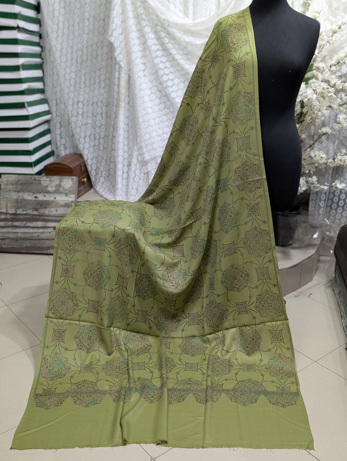 Pashmina Shawl Jaal | Hand Embroidery and Print Beautiful Shawl in Sale | Apple Green