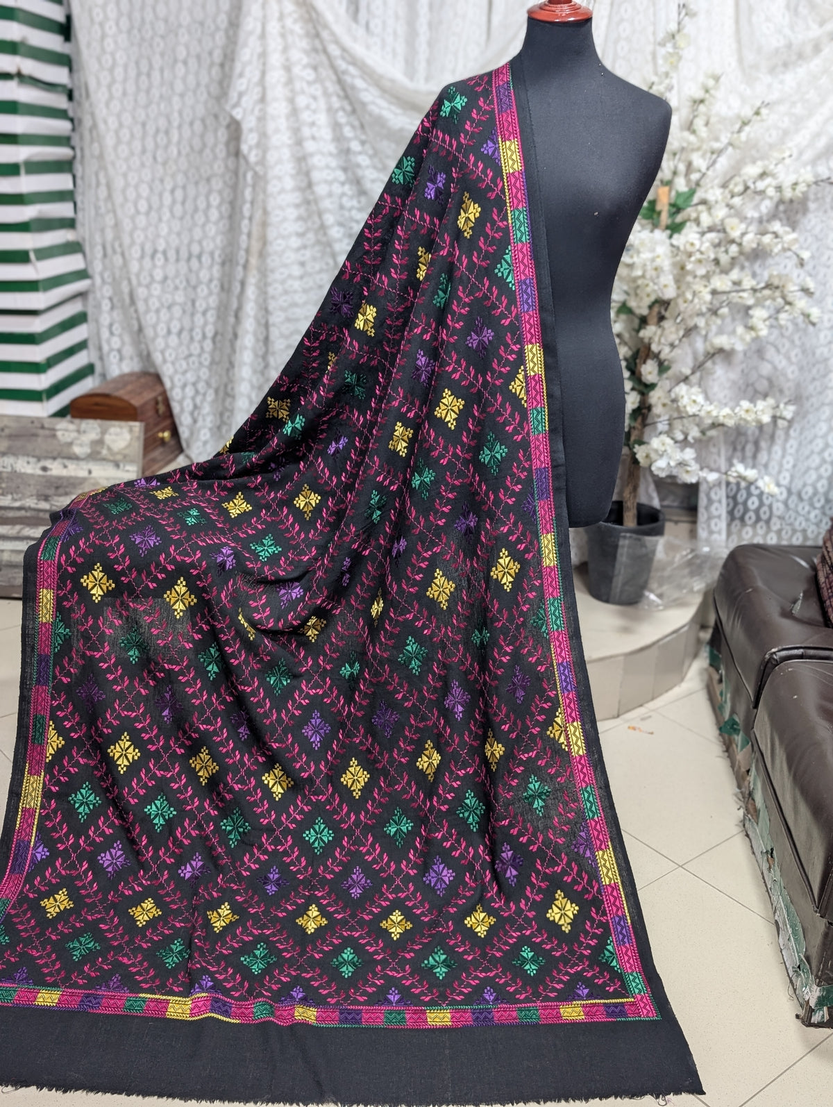 Phulkari Full Size Shawl | Handmade Khaddar Jaal Bagh Winter Shawl Perfect Gift