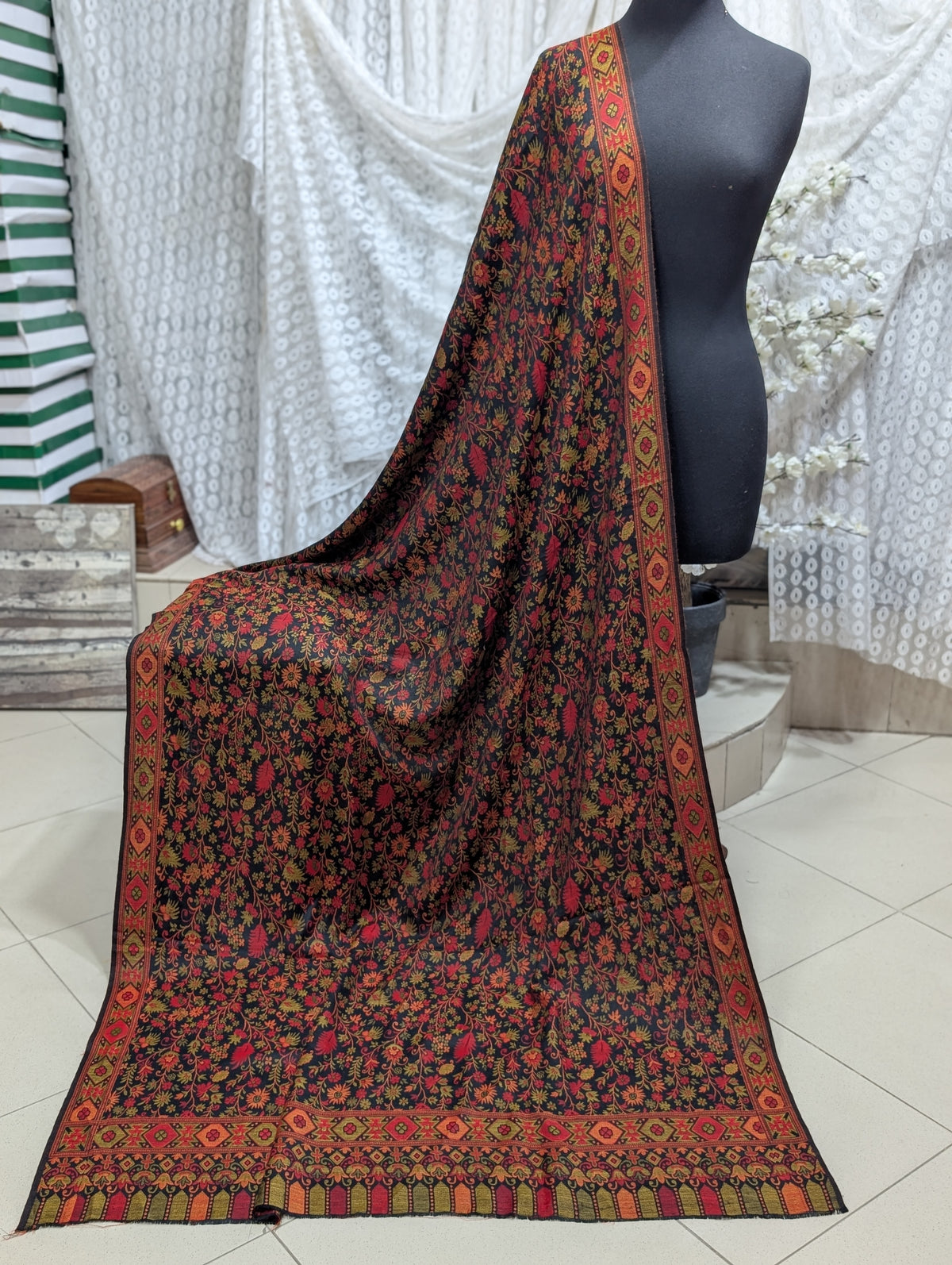 Pashmina Wool Kani Multi Color Shawl in Full Size  | Black