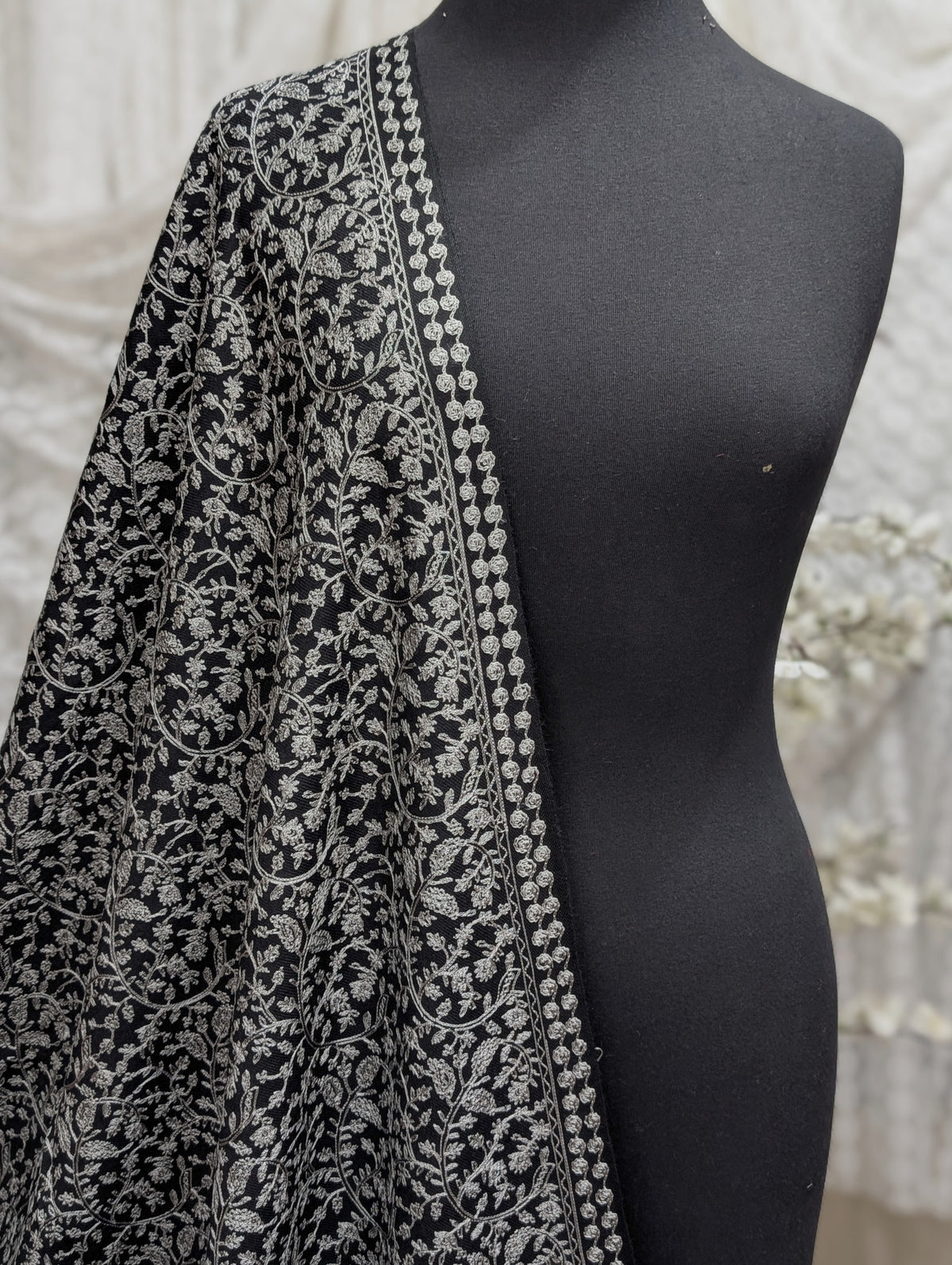 Pashmina Shawl Nalki Aar Work Full Embroidery Single Color Embroidery | Black