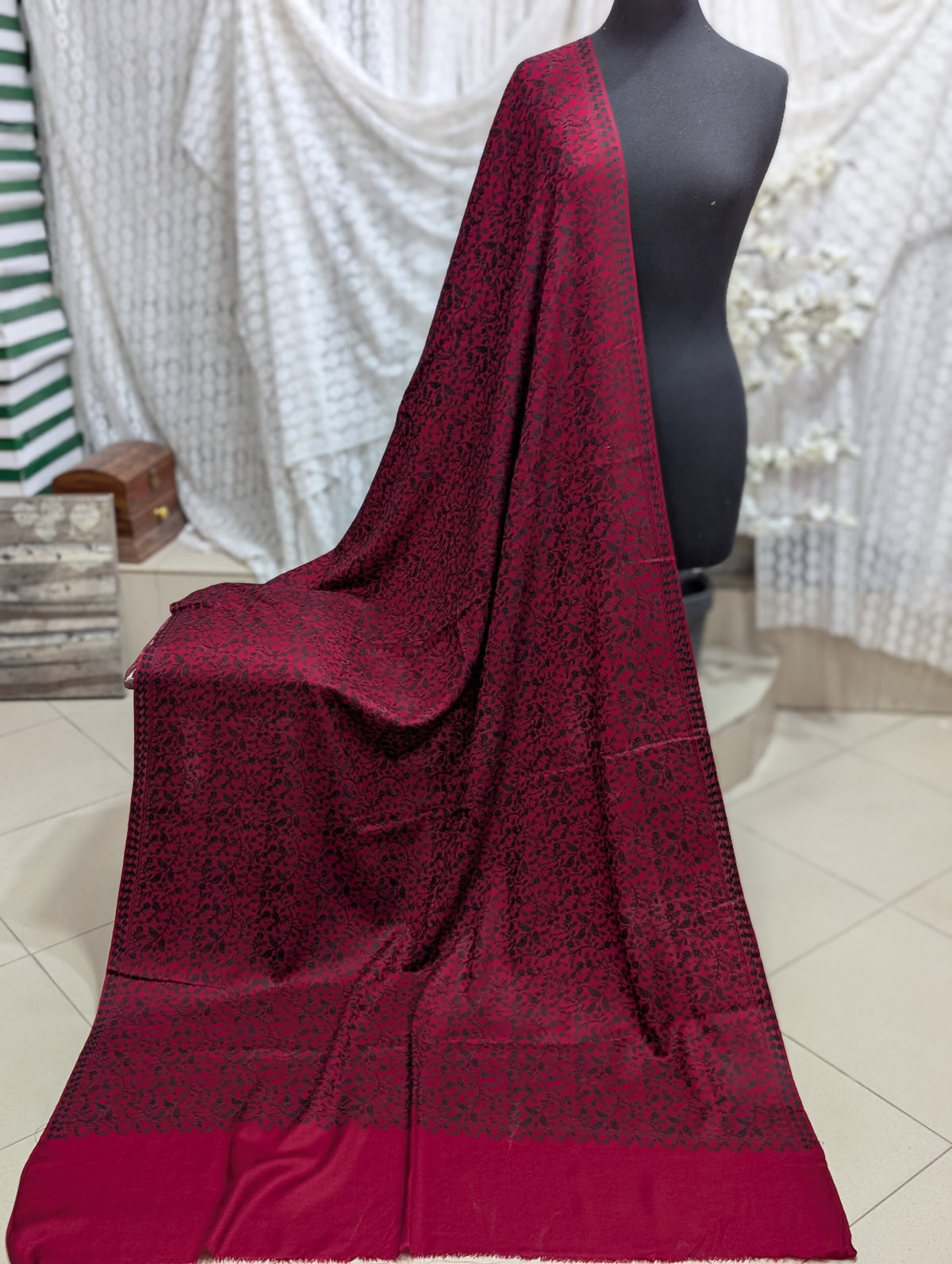Pashmina Shawl Nalki Aar Work Full Embroidery Single Color Embroidery | Maroon