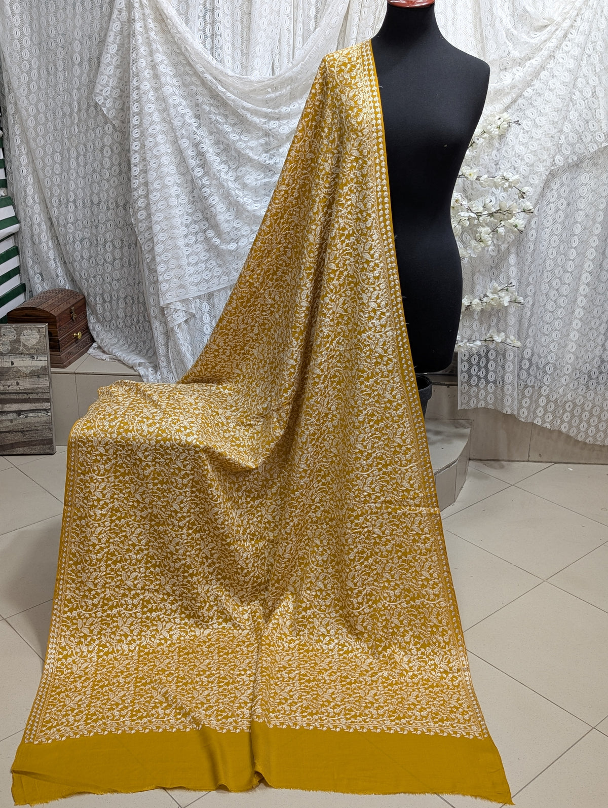 Pashmina Shawl Nalki Aar Work Full Embroidery Single Color Embroidery | Mustard
