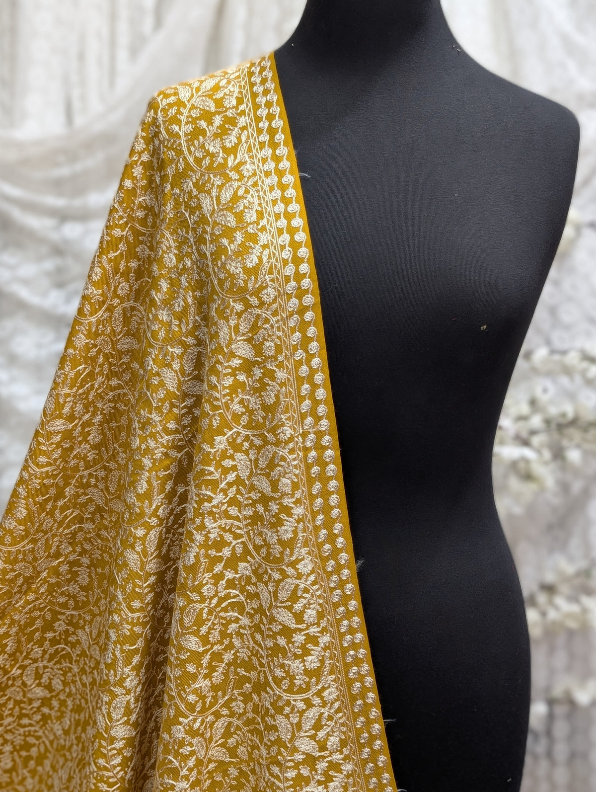Pashmina Shawl Nalki Aar Work Full Embroidery Single Color Embroidery | Mustard