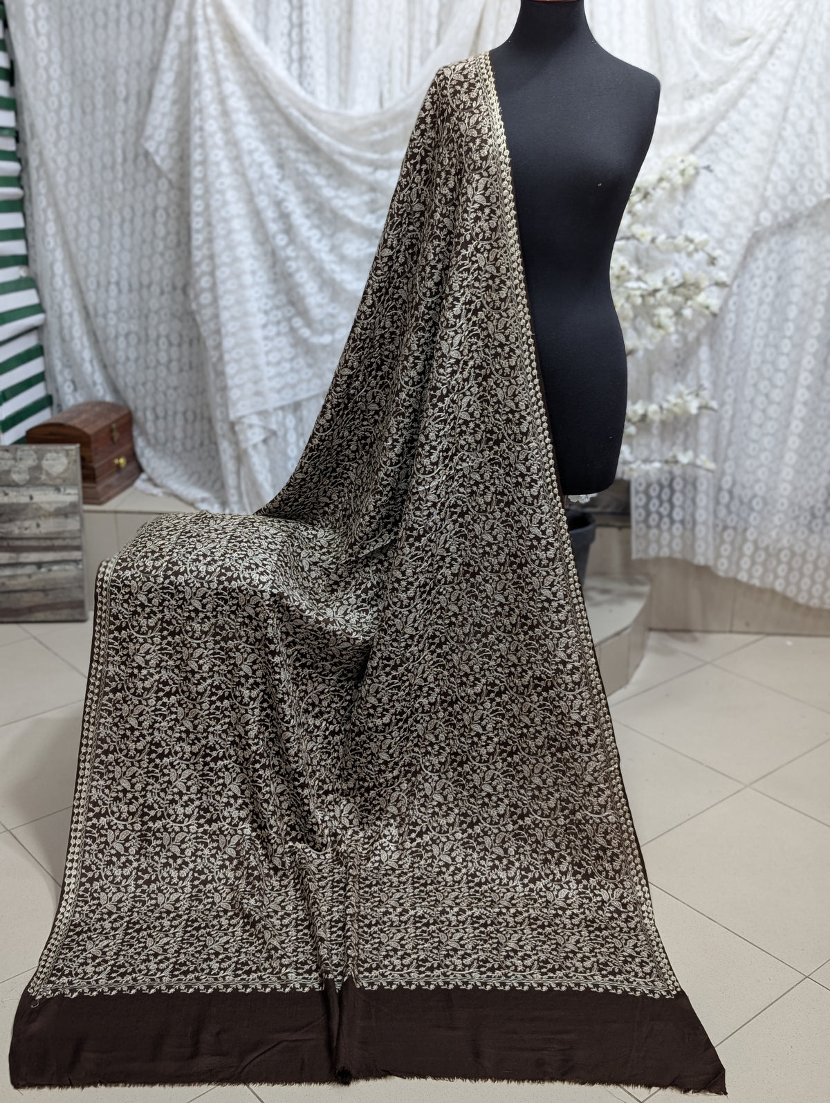 Pashmina Shawl Nalki Aar Work Full Embroidery Single Color Embroidery | Brown