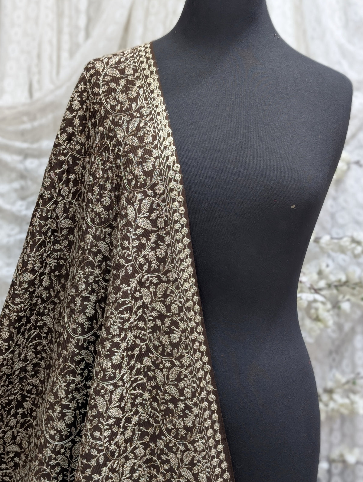 Pashmina Shawl Nalki Aar Work Full Embroidery Single Color Embroidery | Brown
