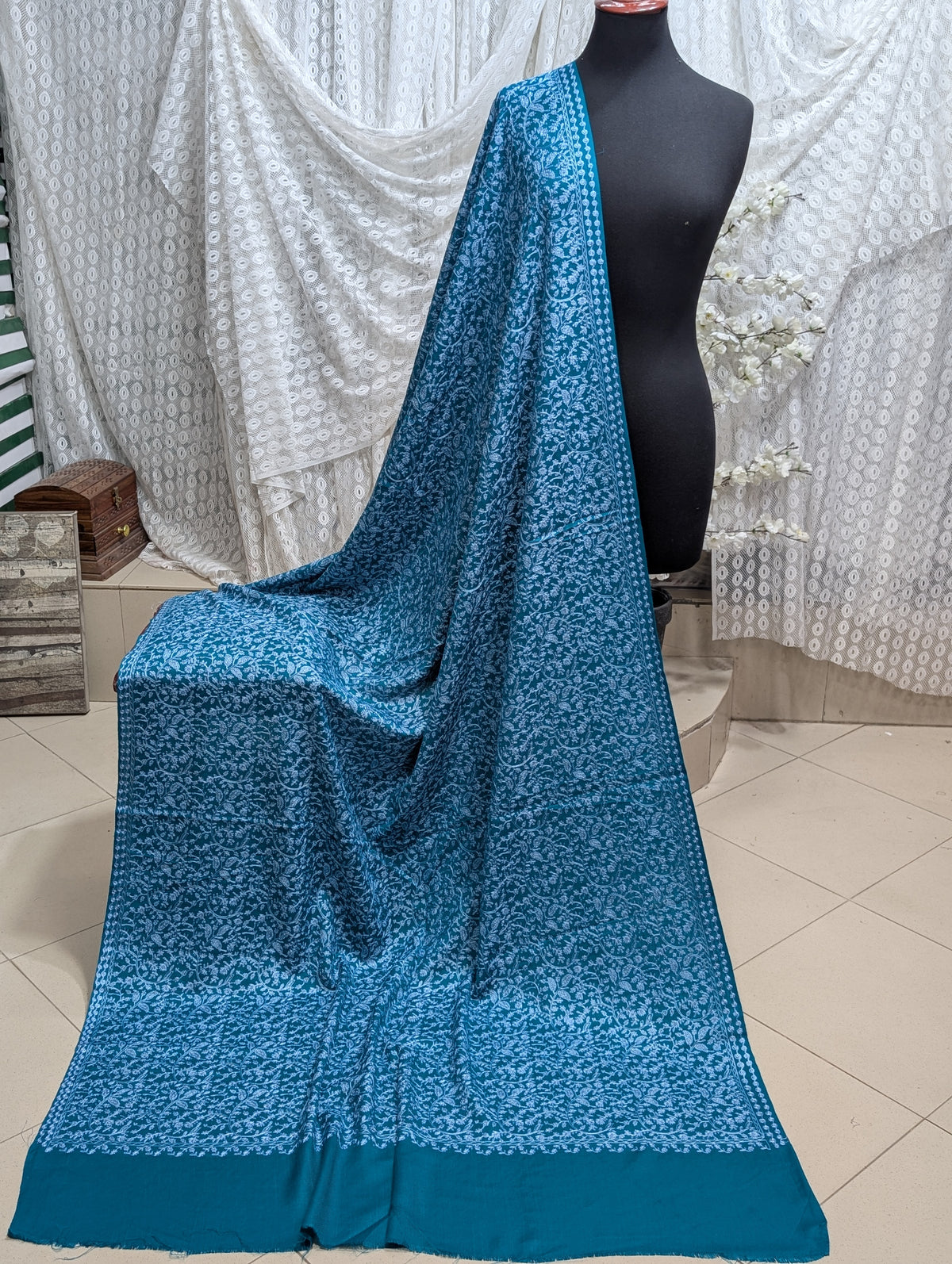 Pashmina Shawl Nalki Aar Work Full Embroidery Single Color Embroidery | Sea Green