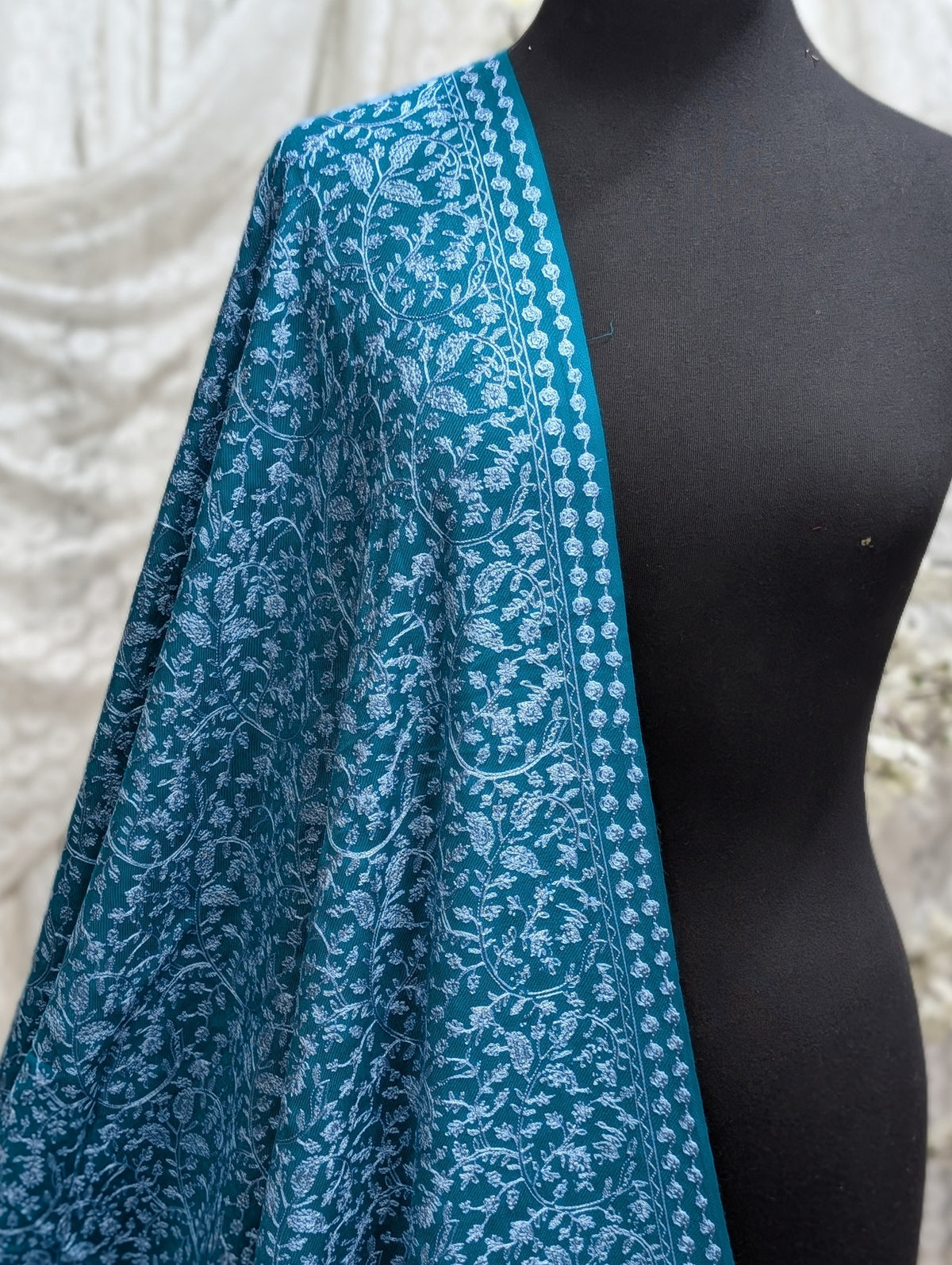 Pashmina Shawl Nalki Aar Work Full Embroidery Single Color Embroidery | Sea Green