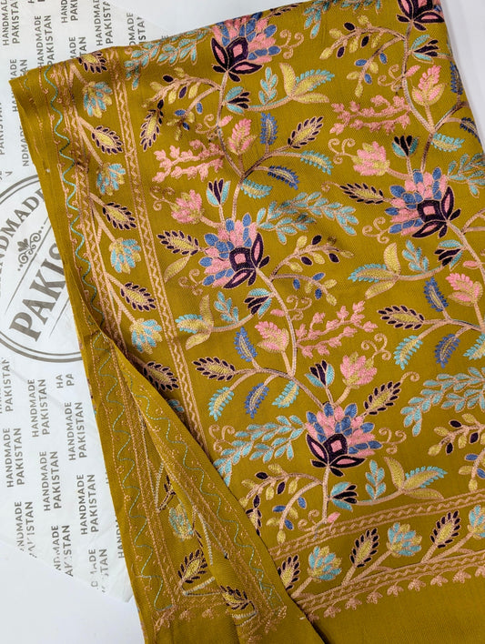 Kashmiri Jaal Shawl | Full Embroidered Shawl Resham Work Aar Embroidery | Mustard