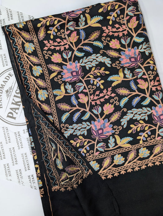 Kashmiri Jaal Shawl | Full Embroidered Shawl Resham Work Aar Embroidery | Black