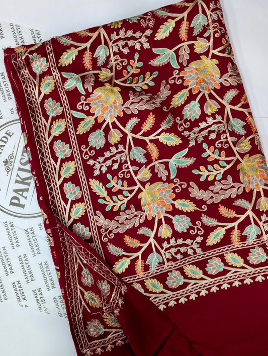 Kashmiri Jaal Shawl | Full Embroidered Shawl Resham Work Aar Embroidery | Maroon