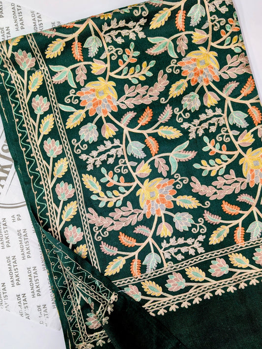 Kashmiri Jaal Shawl | Full Embroidered Shawl Resham Work Aar Embroidery | Green