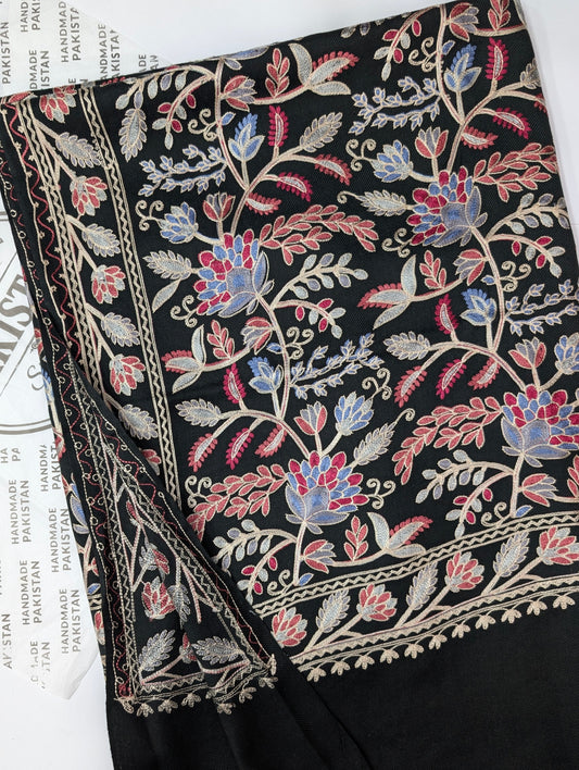 Kashmiri Jaal Shawl | Full Embroidered Shawl Resham Work Aar Embroidery | Black