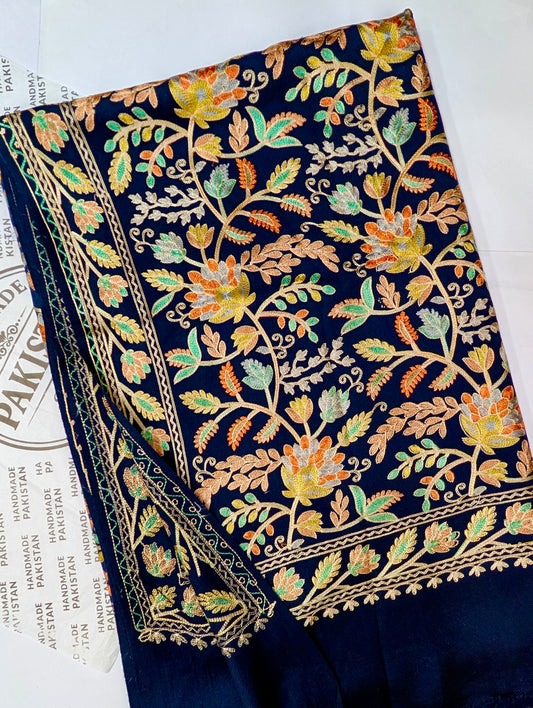 Kashmiri Jaal Shawl | Full Embroidered Shawl Resham Work Aar Embroidery | Blue