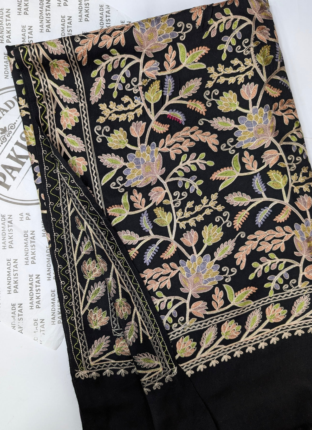 Kashmiri Jaal Shawl | Full Embroidered Shawl Resham Work Aar Embroidery | Black