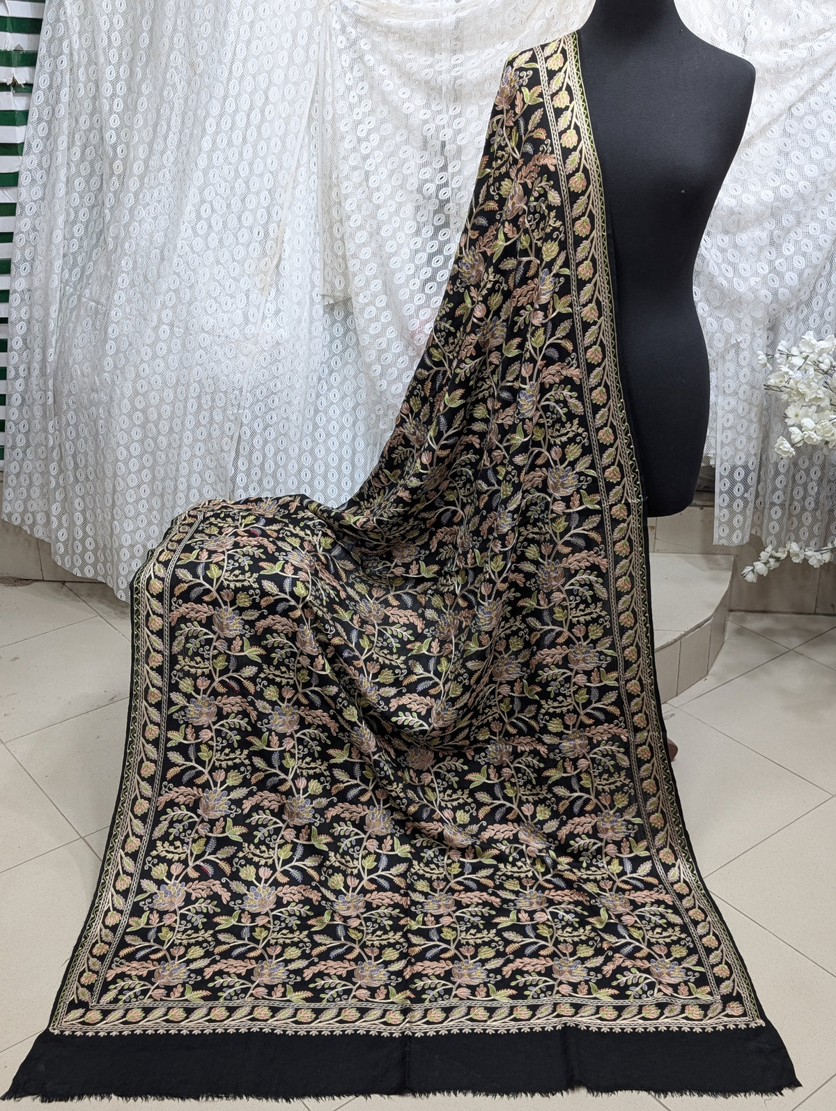 Kashmiri Jaal Shawl | Full Embroidered Shawl Resham Work Aar Embroidery | Black