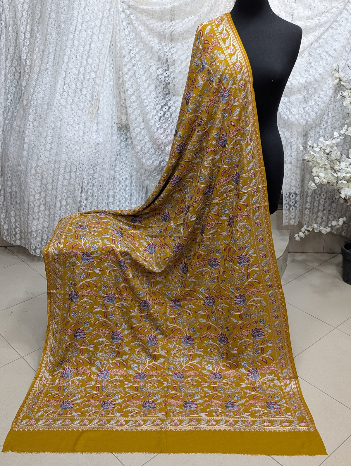 Kashmiri Jaal Shawl | Full Embroidered Shawl Resham Work Aar Embroidery | Mustard